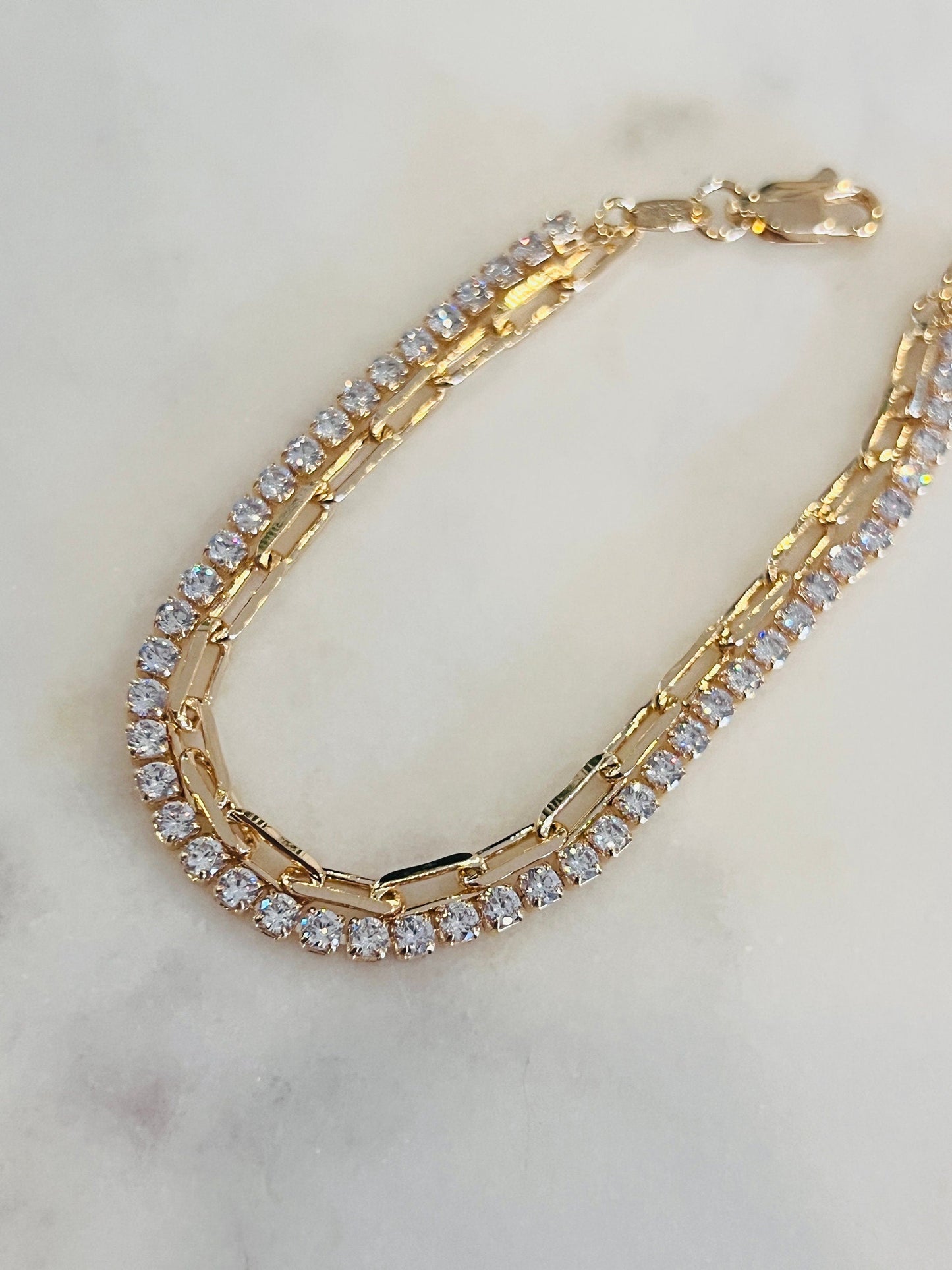 18KT Gold Filled Bracelets, Gold Filled CZ Tennis & Paperclip Bracelet | Sparkle Meets Edge by HAUS OF MONOGRAM
