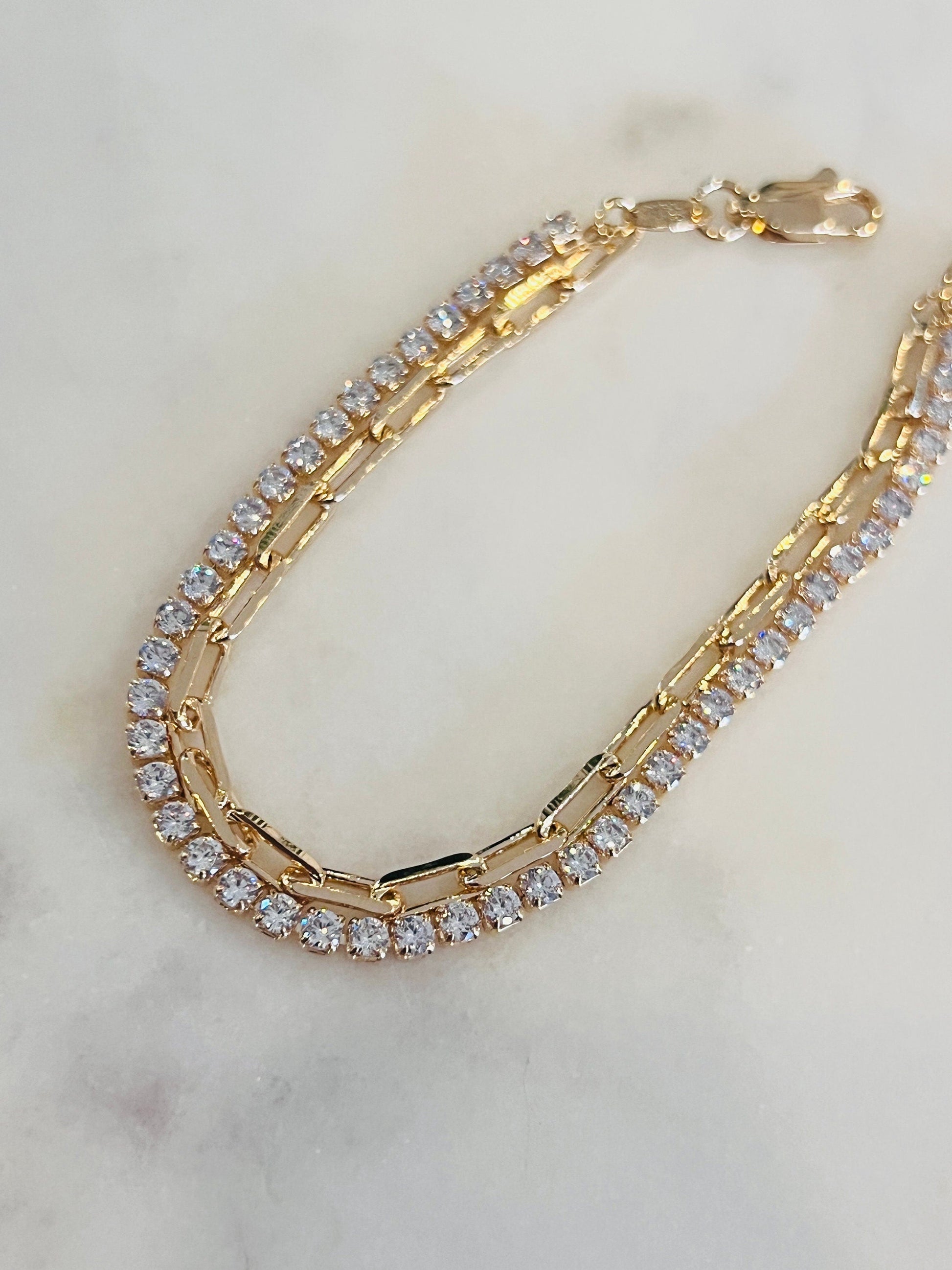 18KT Gold Filled Bracelets, Gold Filled CZ Tennis & Paperclip Bracelet | Sparkle Meets Edge by HAUS OF MONOGRAM