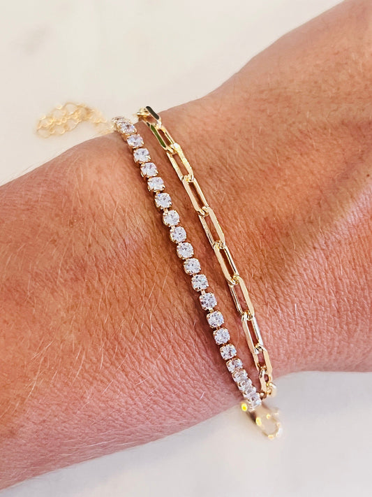 Gold Filled CZ Tennis & Paperclip Bracelet | Sparkle Meets Edge by HAUS OF MONOGRAM - Bracelets, , HOM-12100