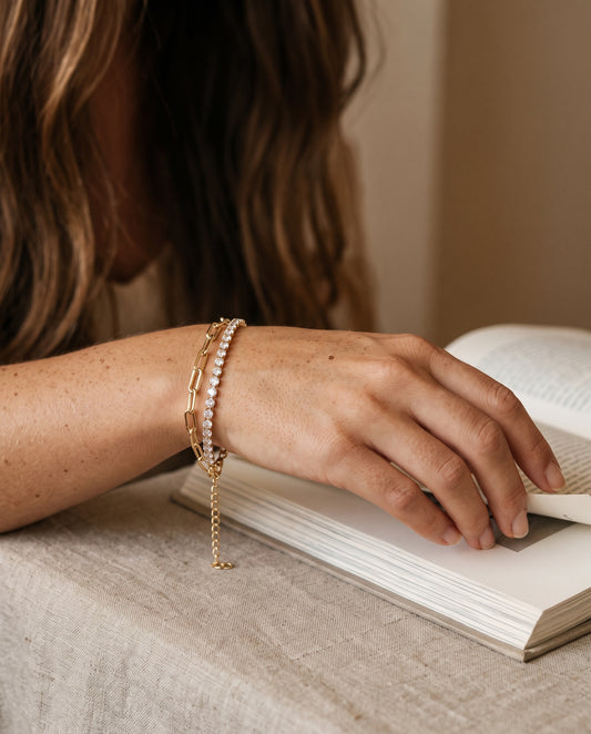 Gold Filled CZ Tennis & Paperclip Bracelet worn by a model