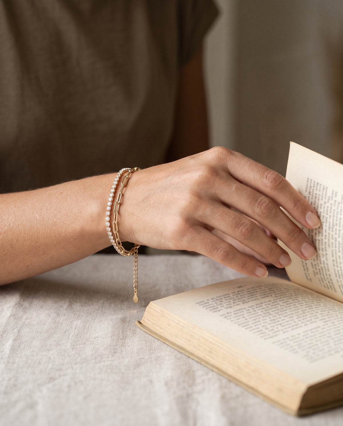 Gold Filled CZ Tennis & Paperclip Bracelet worn by a model
