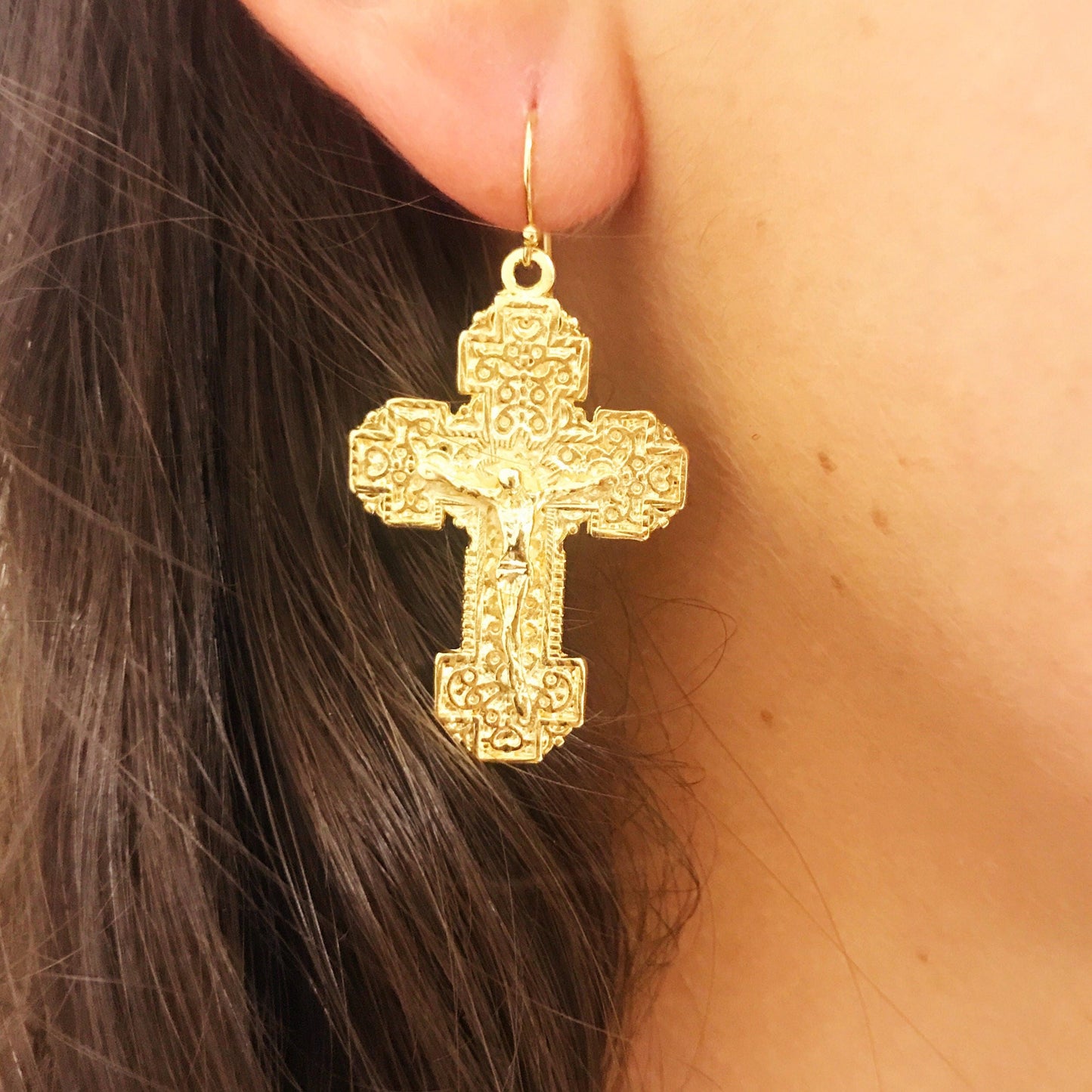 18KT Gold Filled Earrings, Gold Filled Dangling Cross Earrings | Faithful Everyday Style by HAUS OF MONOGRAM