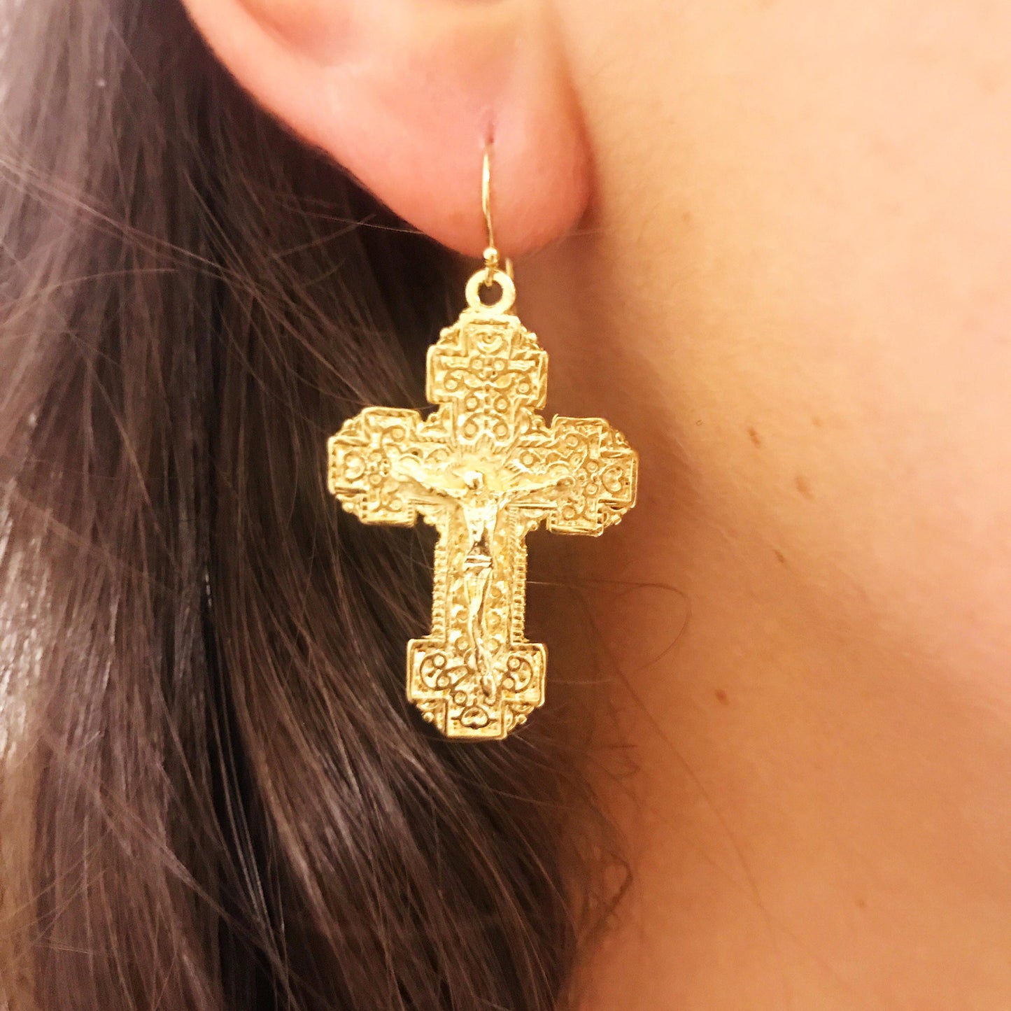 18KT Gold Filled Earrings, Gold Filled Dangling Cross Earrings | Faithful Everyday Style by HAUS OF MONOGRAM