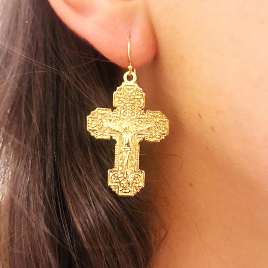 18KT Gold Filled Earrings, Gold Filled Dangling Cross Earrings | Faithful Everyday Style by HAUS OF MONOGRAM
