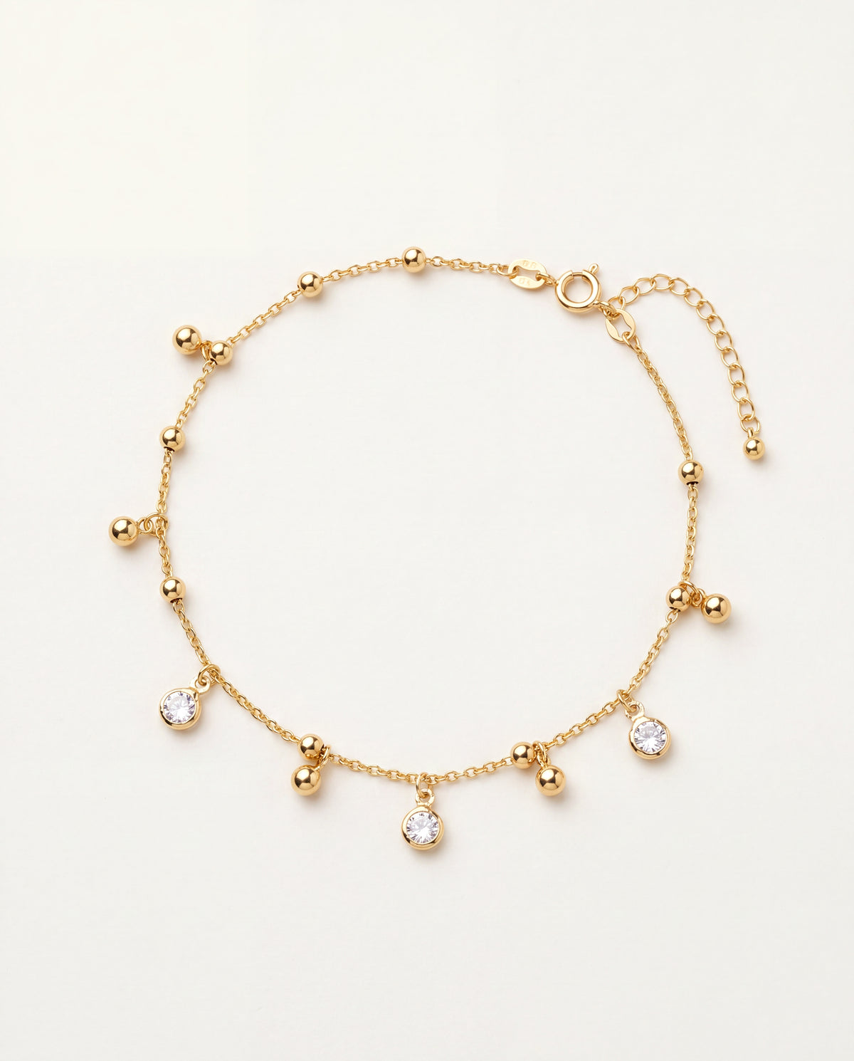 18KT Gold Filled Anklets, Gold Filled Dangling CZ & Bead Anklet | 10" + 2" Extender | 0.8mm Chain by HAUS OF MONOGRAM