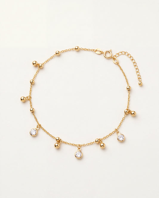 18KT Gold Filled Anklets, Gold Filled Dangling CZ & Bead Anklet | 10" + 2" Extender | 0.8mm Chain by HAUS OF MONOGRAM