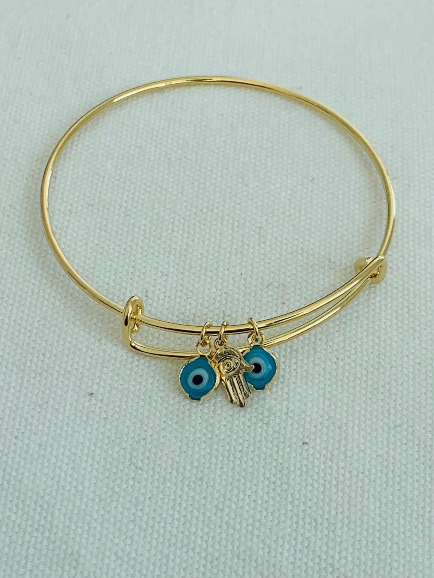 18KT Gold Filled Bangles, Gold Filled Dangling Evil Eye & Hamsa Bangle | Spiritual Protection Jewelry by HAUS OF MONOGRAM
