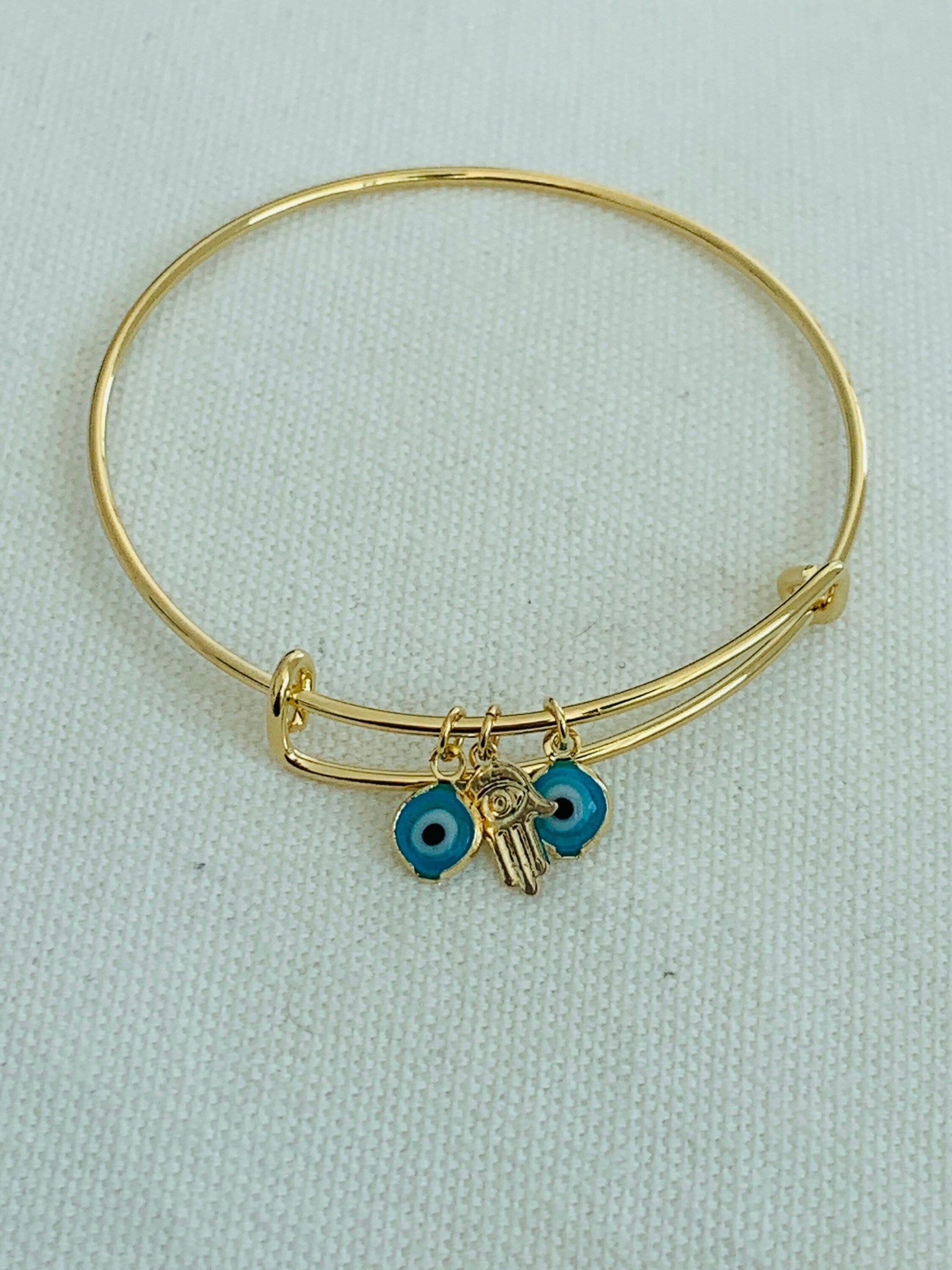 18KT Gold Filled Bangles, Gold Filled Dangling Evil Eye & Hamsa Bangle | Spiritual Protection Jewelry by HAUS OF MONOGRAM