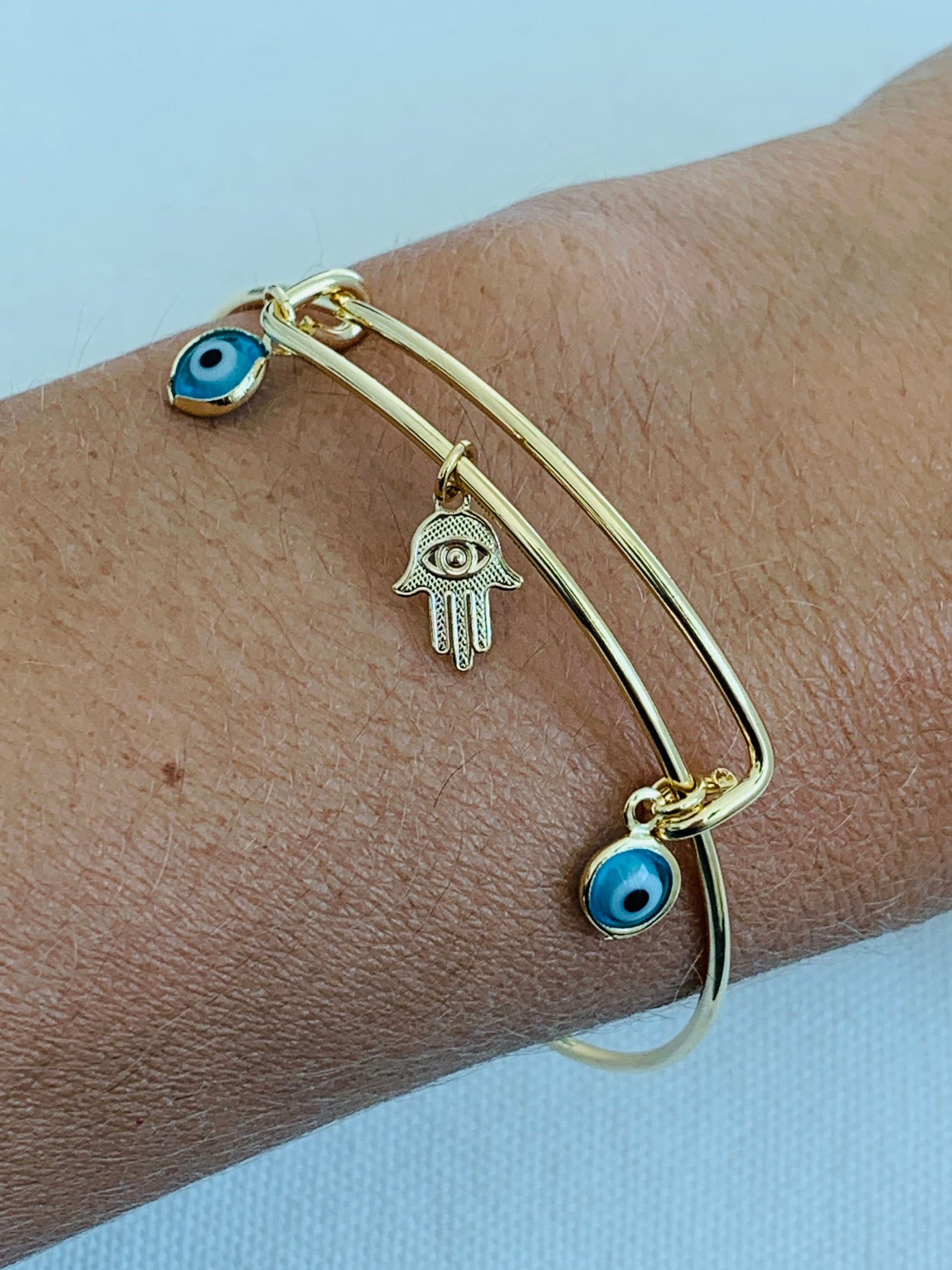 18KT Gold Filled Bangles, Gold Filled Dangling Evil Eye & Hamsa Bangle | Spiritual Protection Jewelry by HAUS OF MONOGRAM