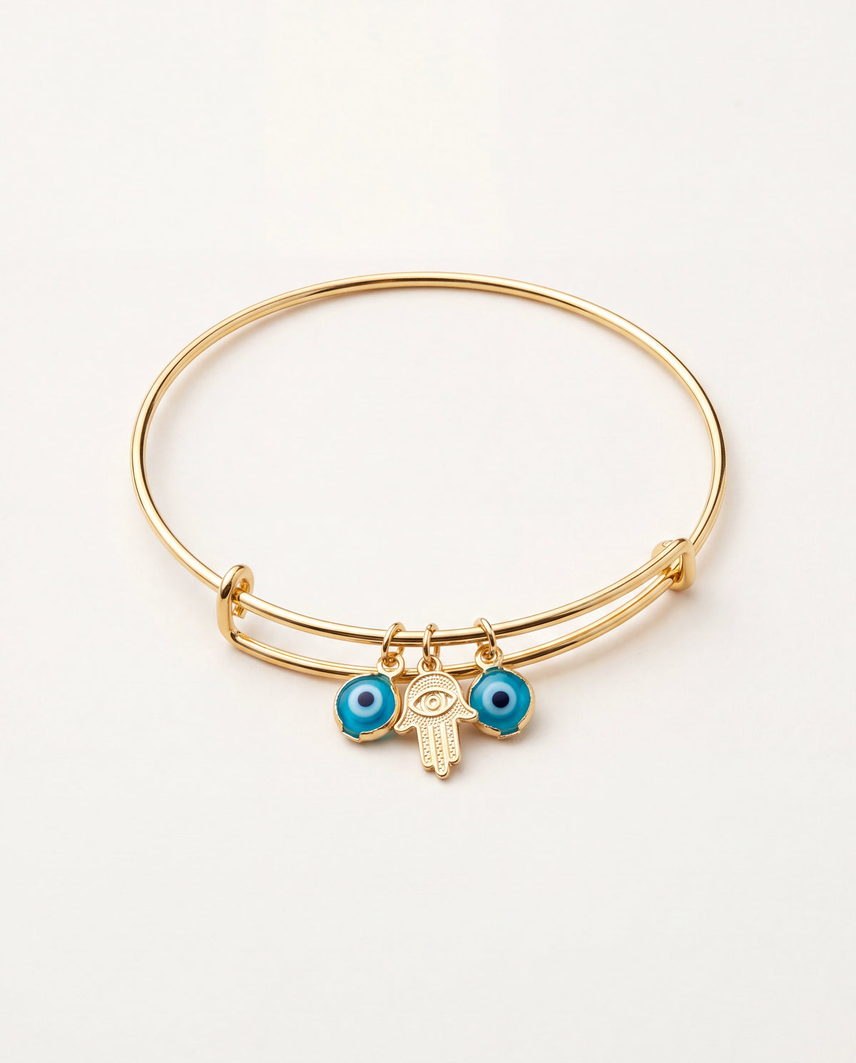 18KT Gold Filled Bangles, Gold Filled Dangling Evil Eye & Hamsa Bangle | Spiritual Protection Jewelry by HAUS OF MONOGRAM