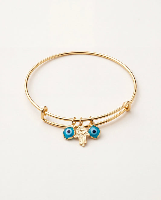 18KT Gold Filled Bangles, Gold Filled Dangling Evil Eye & Hamsa Bangle | Spiritual Protection Jewelry by HAUS OF MONOGRAM