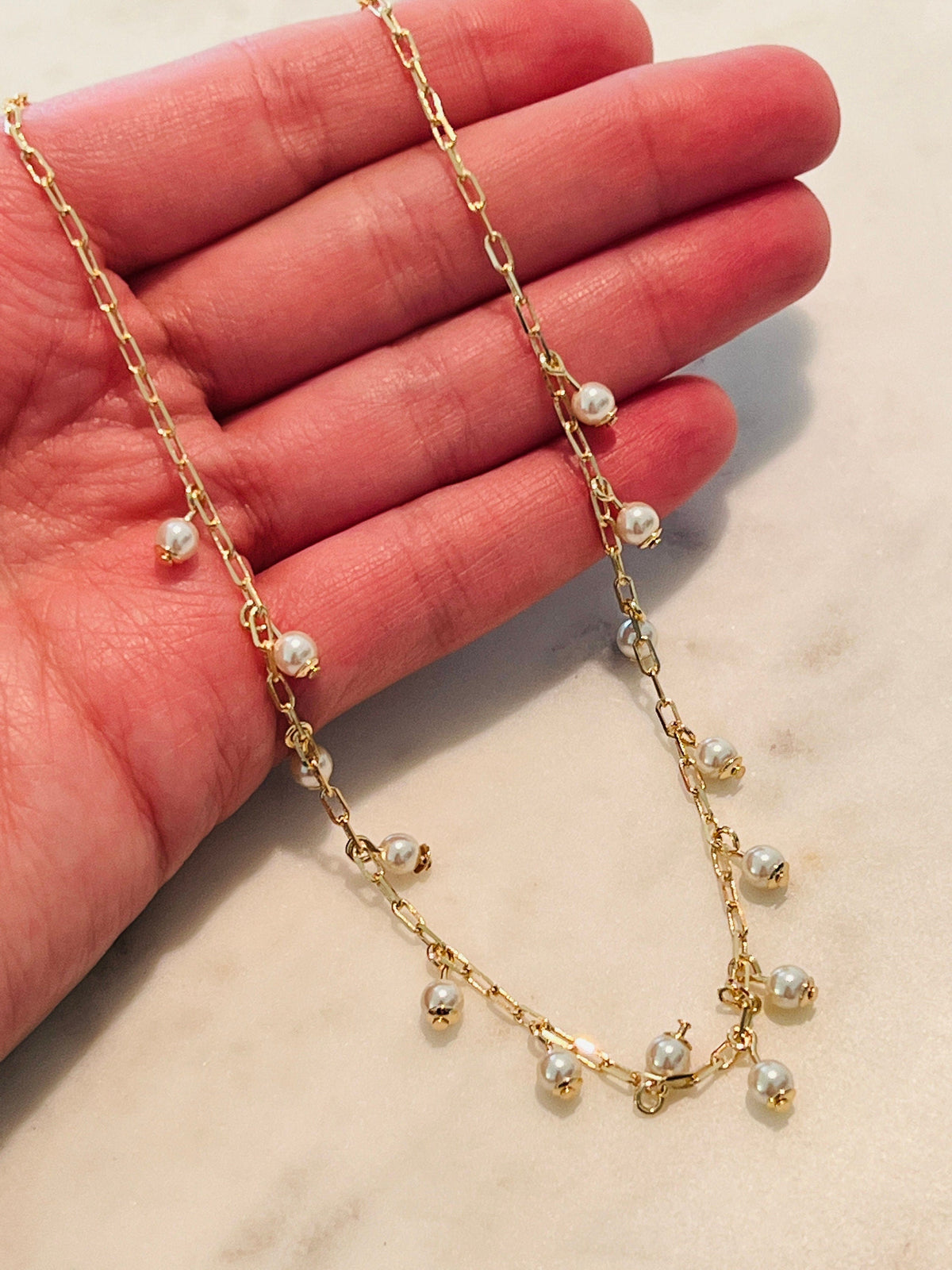 18KT Gold Filled Necklaces, Gold Filled Dangling Pearl Necklace | 2mm Dainty Accent by HAUS OF MONOGRAM