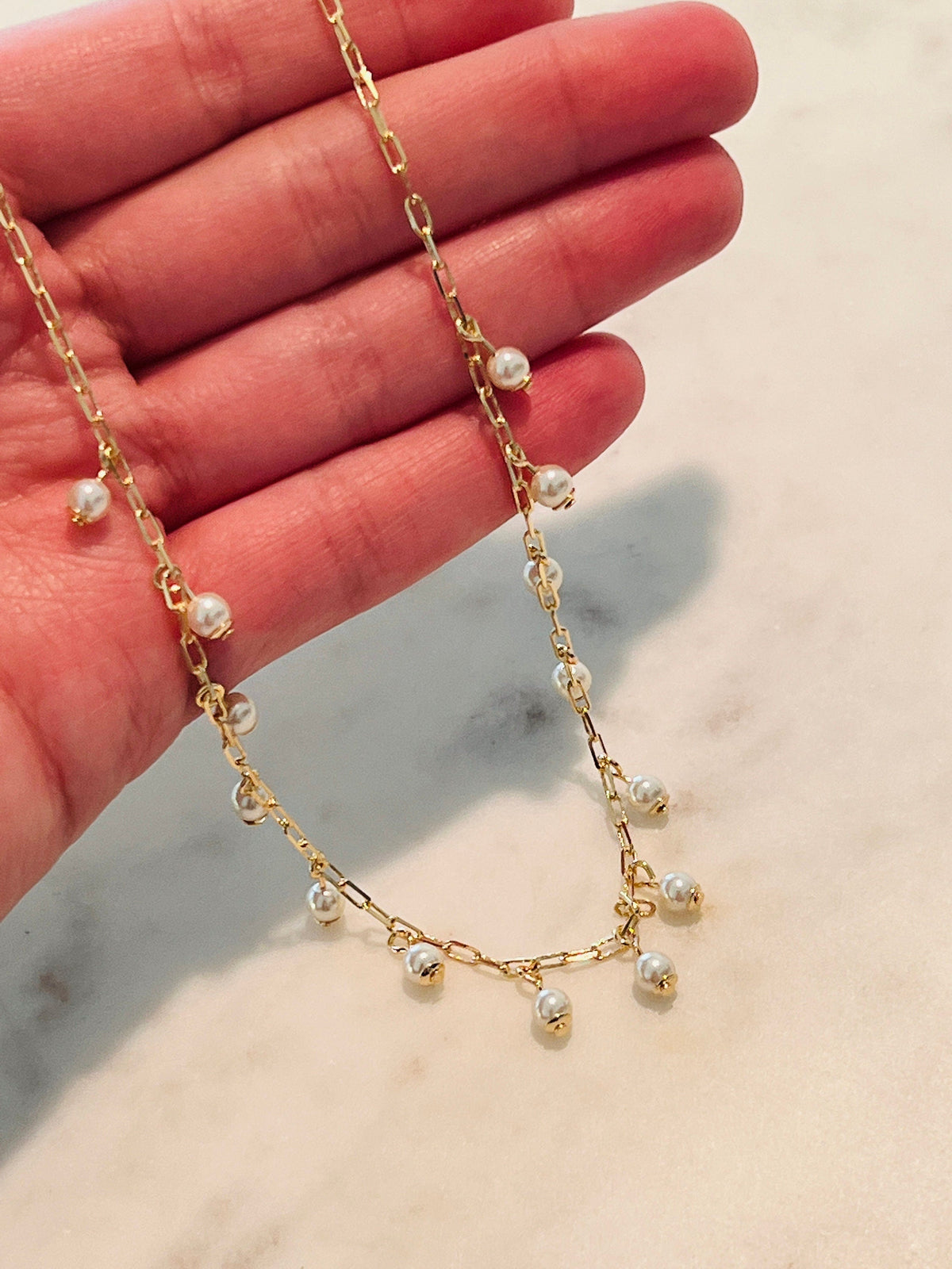 18KT Gold Filled Necklaces, Gold Filled Dangling Pearl Necklace | 2mm Dainty Accent by HAUS OF MONOGRAM