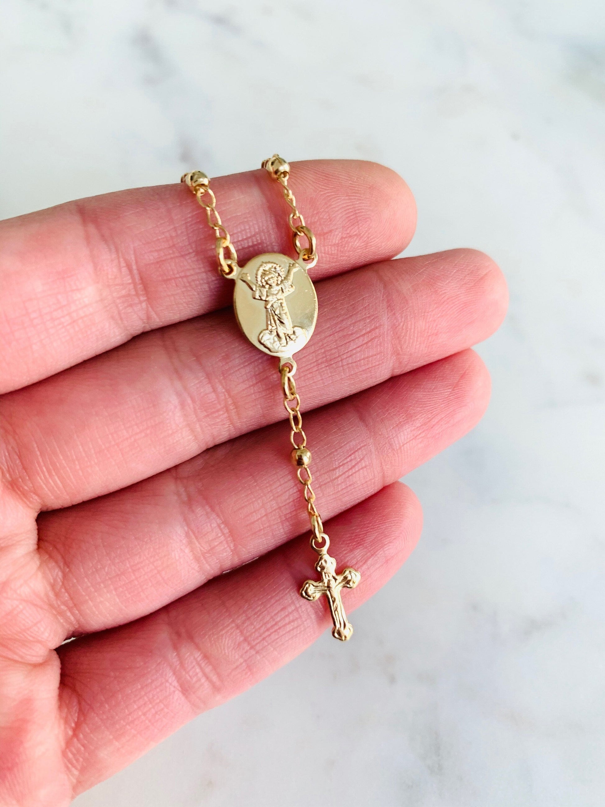 18KT Gold Filled Bracelets, Gold Filled Divine Child Rosary Bracelet | 7.75" Faith Charm by HAUS OF MONOGRAM