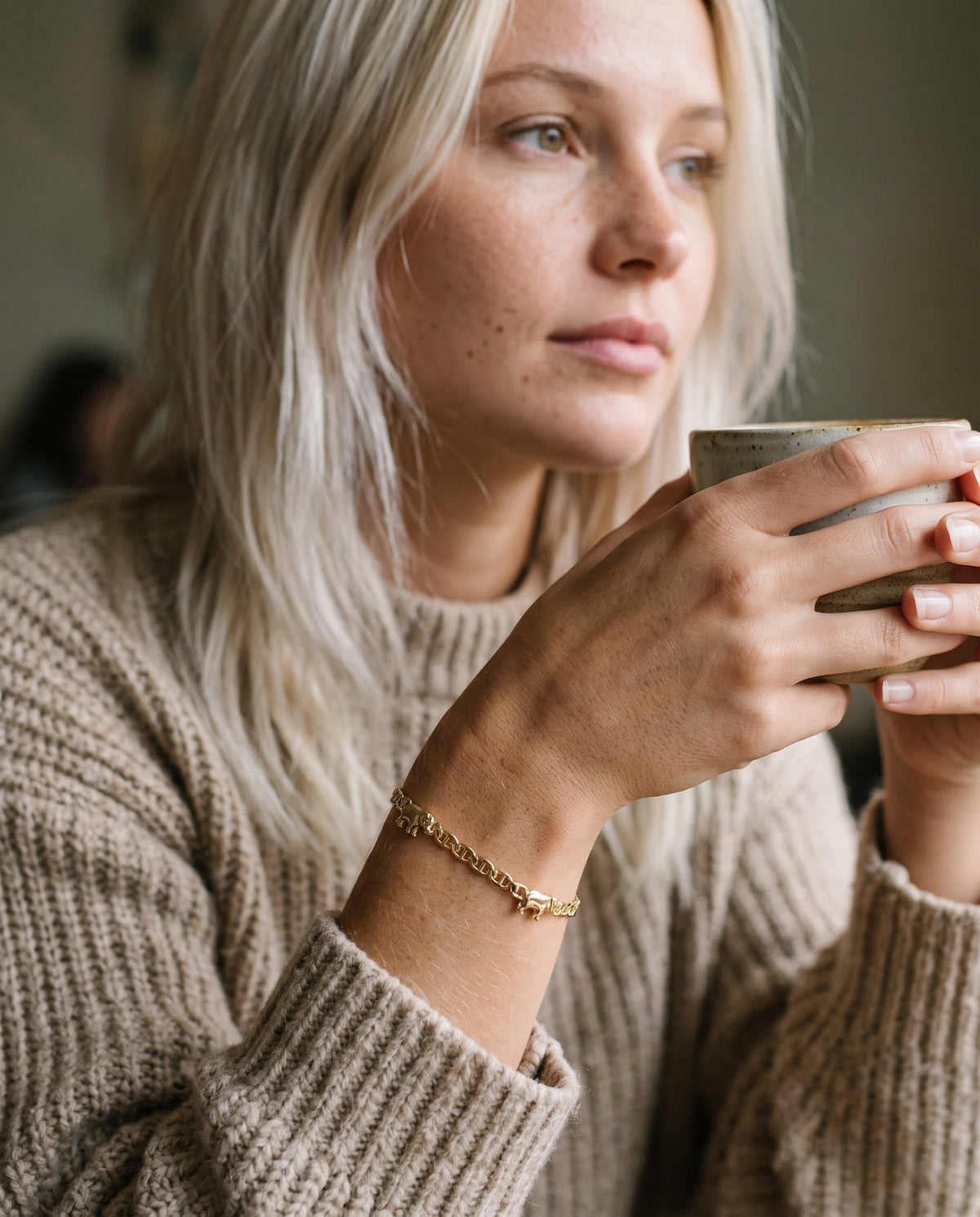 Gold Filled Elephant Bracelet worn by a model