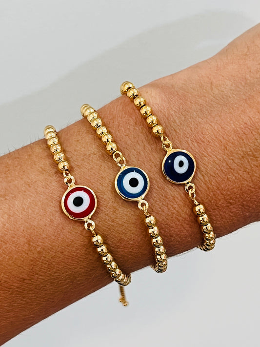 18KT Gold Filled Bracelets, Gold Filled Evil Eye Bracelet | Adjustable | 4mm Beads by HAUS OF MONOGRAM