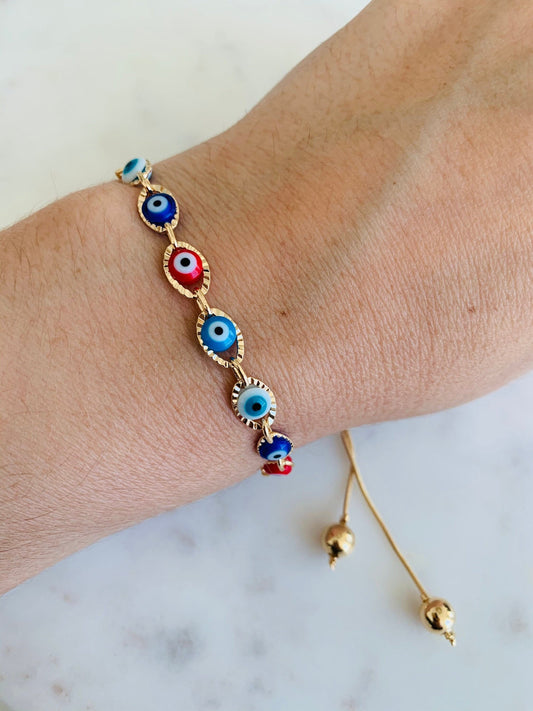 18KT Gold Filled Bracelets, Gold Filled Evil Eye Bracelet | Adjustable Dainty Charm by HAUS OF MONOGRAM