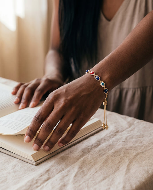 Gold Filled Evil Eye Bracelet worn by a model