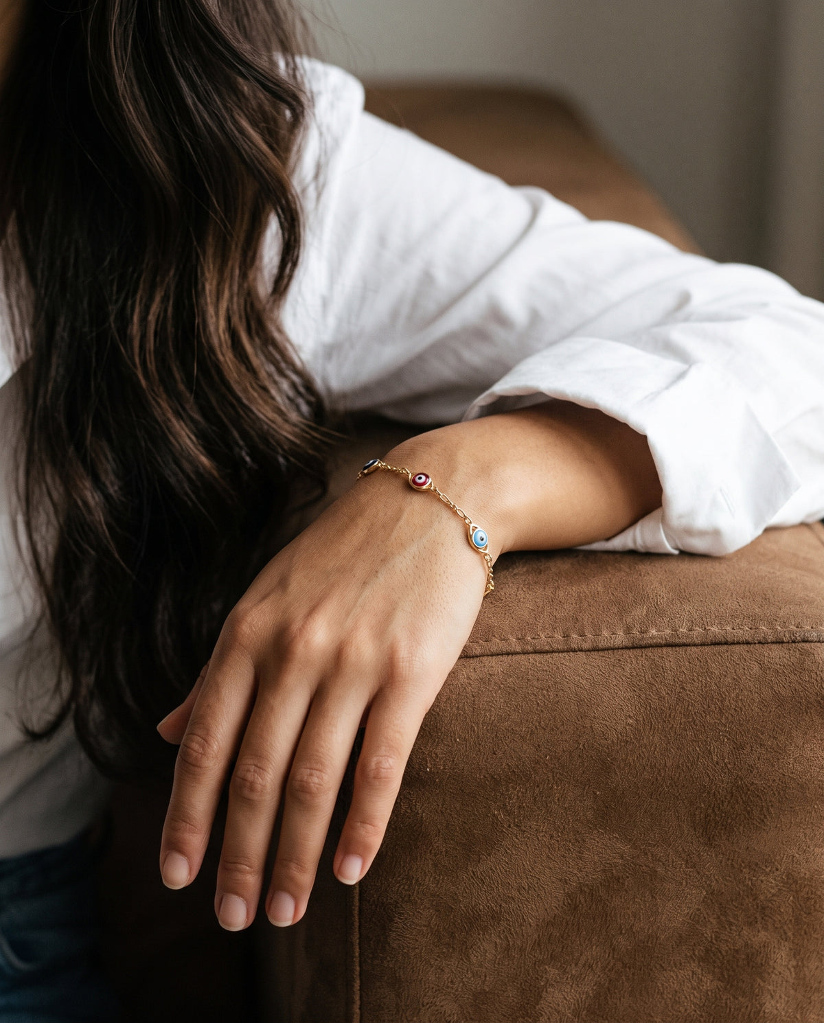 Gold Filled Evil Eye Bracelet worn by a model