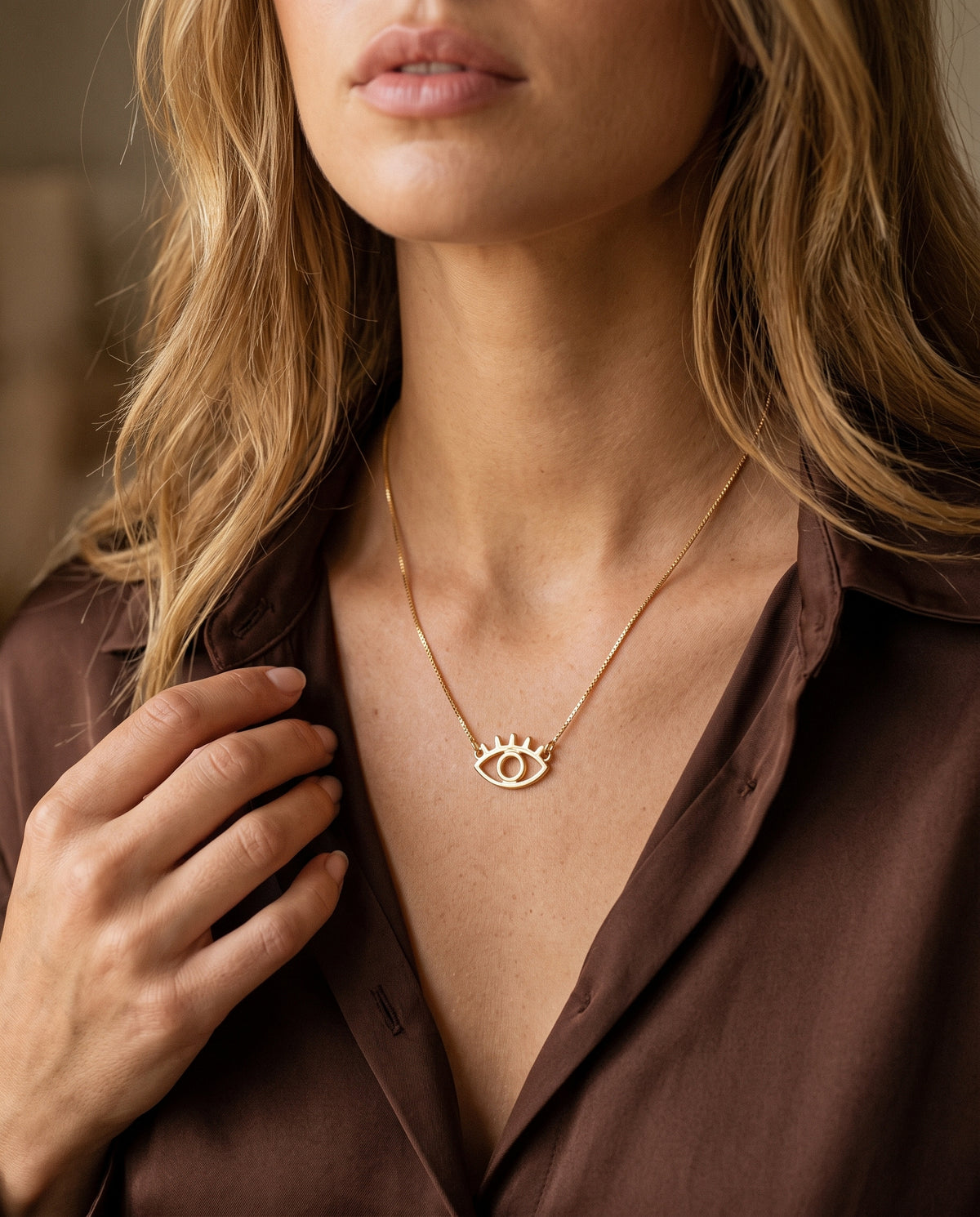 Gold Filled Evil Eye Necklace worn by a model