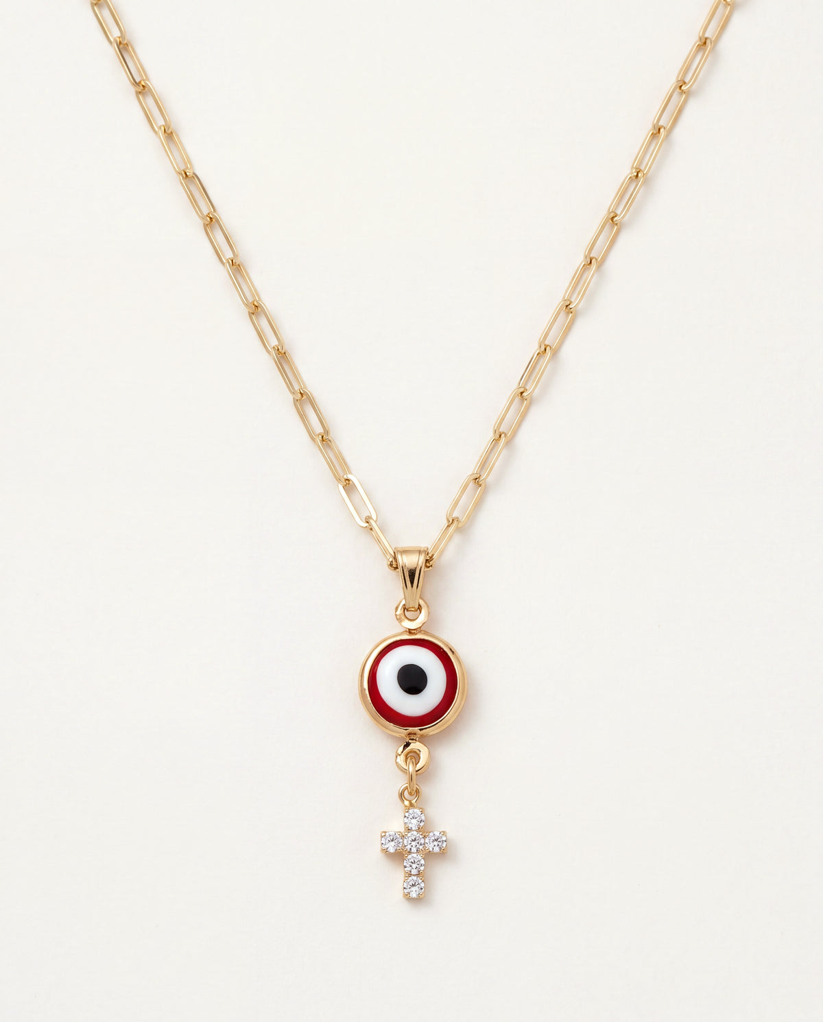18KT Gold Filled Necklaces, Gold Filled Evil Eye Cross Charm Necklace | Pendant Size 10mm x 30mm + Bail | 16" or 18" Lengt...