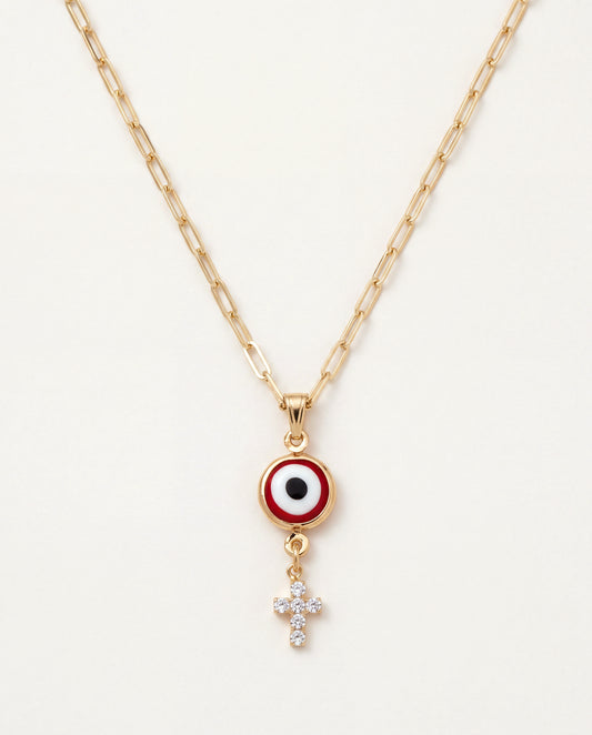 18KT Gold Filled Necklaces, Gold Filled Evil Eye Cross Charm Necklace | Pendant Size 10mm x 30mm + Bail | 16" or 18" Lengt...