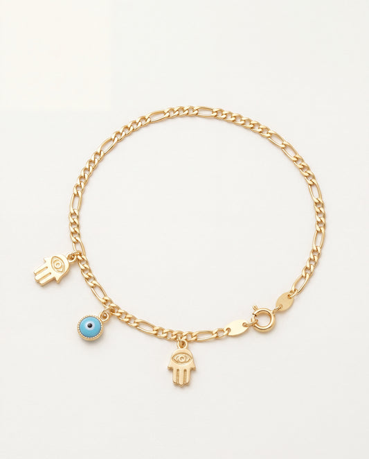 18KT Gold Filled Anklets, Gold Filled Evil Eye Hamsa Anklet | Size: 10" | 2mm Chain | 5.5mm Eye Charm by HAUS OF MONOGRAM