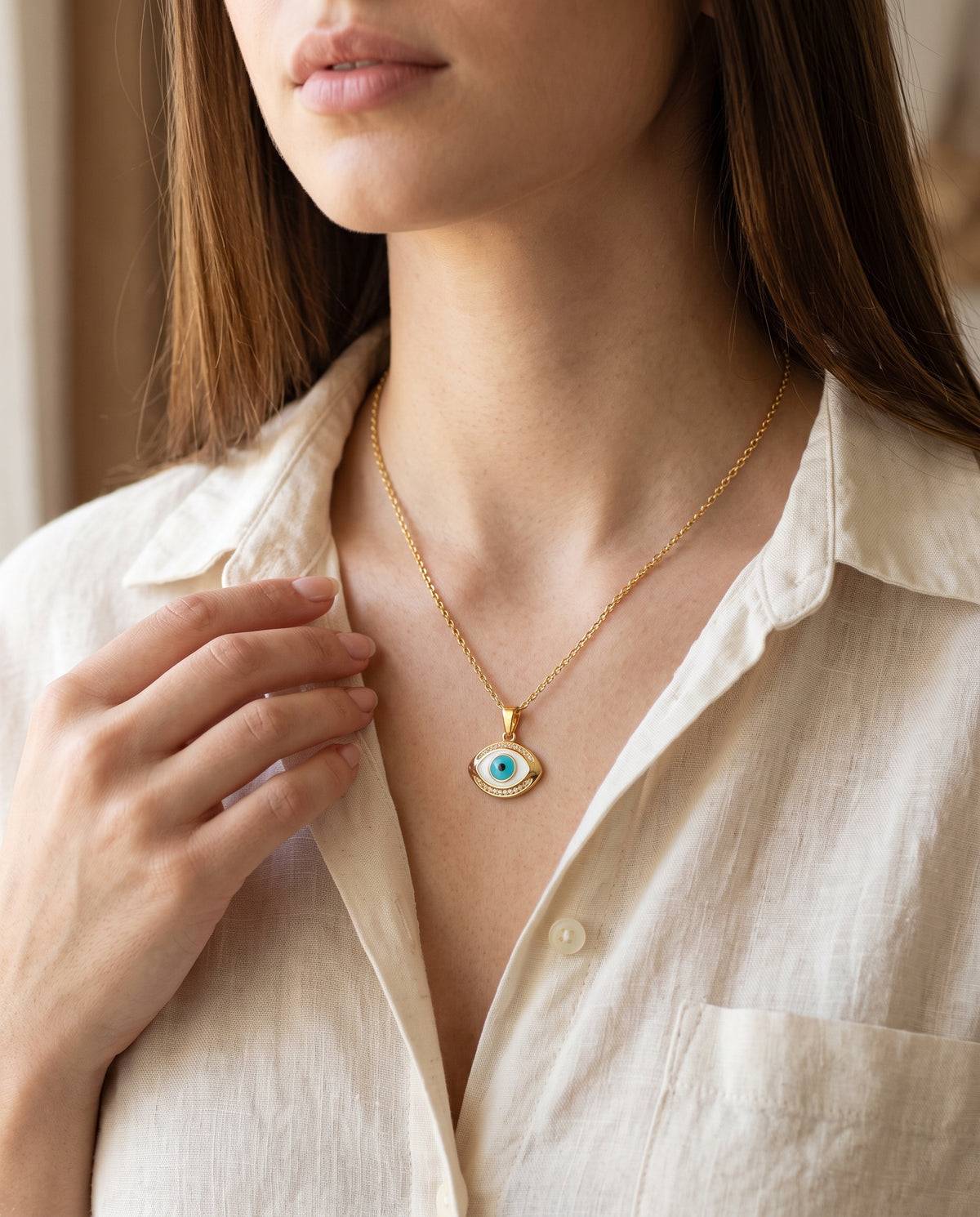 Gold Filled Evil Eye Necklace worn by a model
