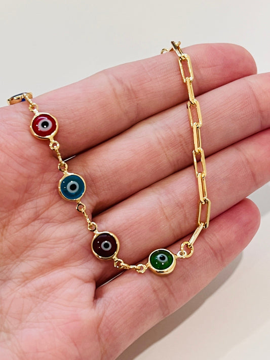 18KT Gold Filled Bracelets, Gold Filled Evil Eye & Paperclip Bracelet | Gold Evil Eye Chain Bracelet by HAUS OF MONOGRAM