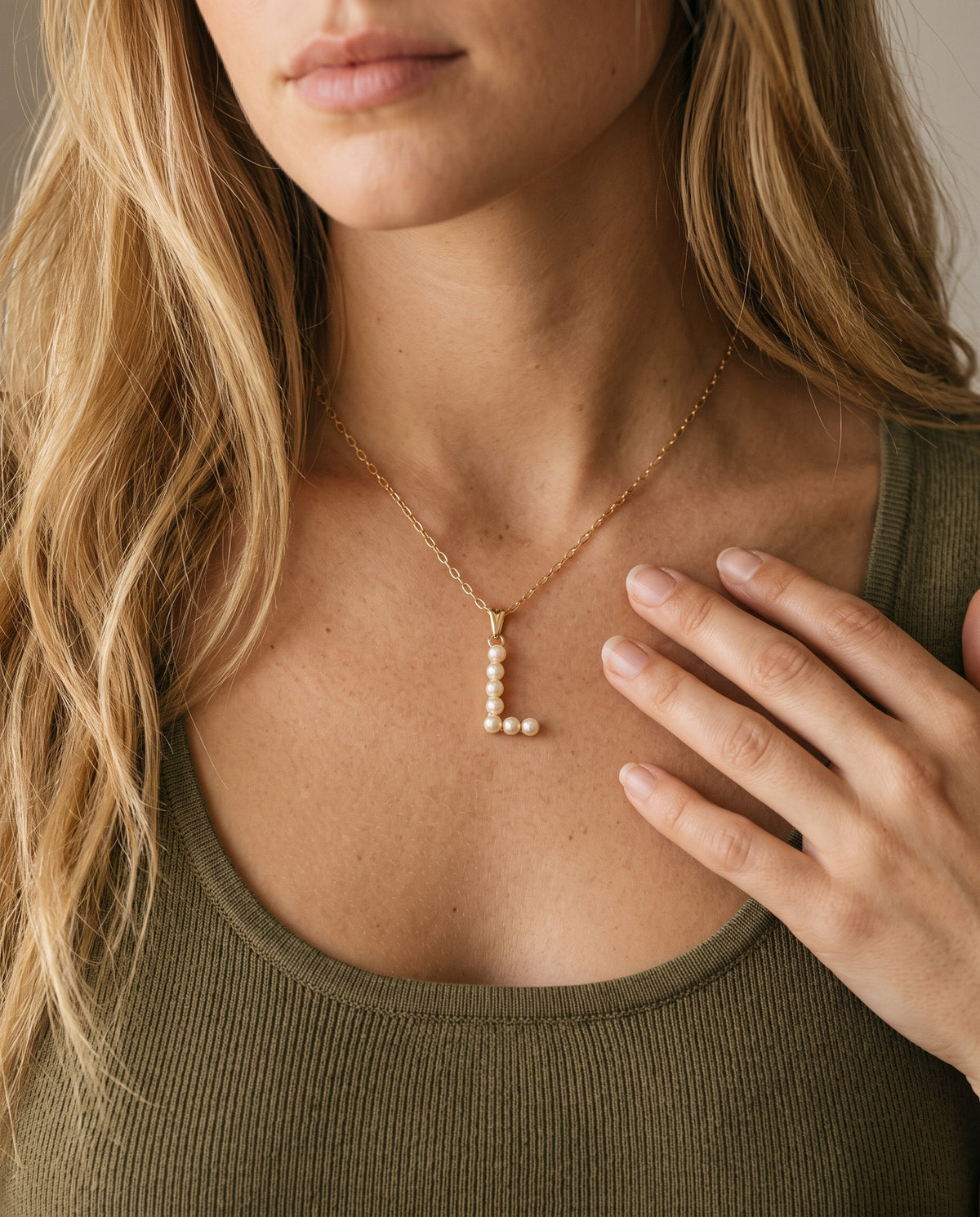 Gold Filled Faux Pearl Initial Necklace worn by a model