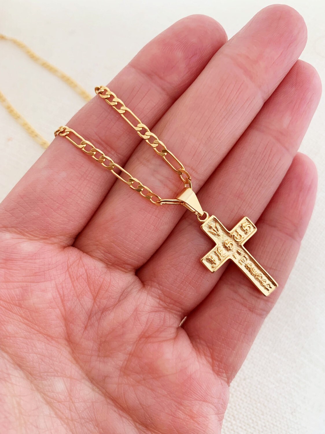 18KT Gold Filled Necklaces, Gold Filled Figaro Cross Necklace | Timeless Faith Charm Piece by HAUS OF MONOGRAM