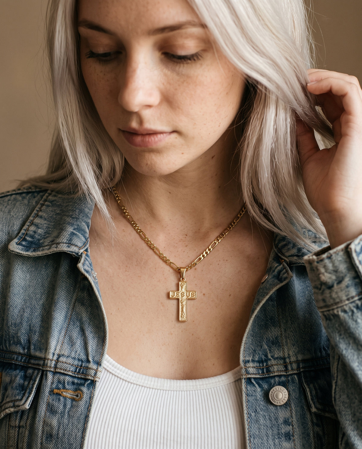 Gold Filled Figaro Cross Necklace worn by a model