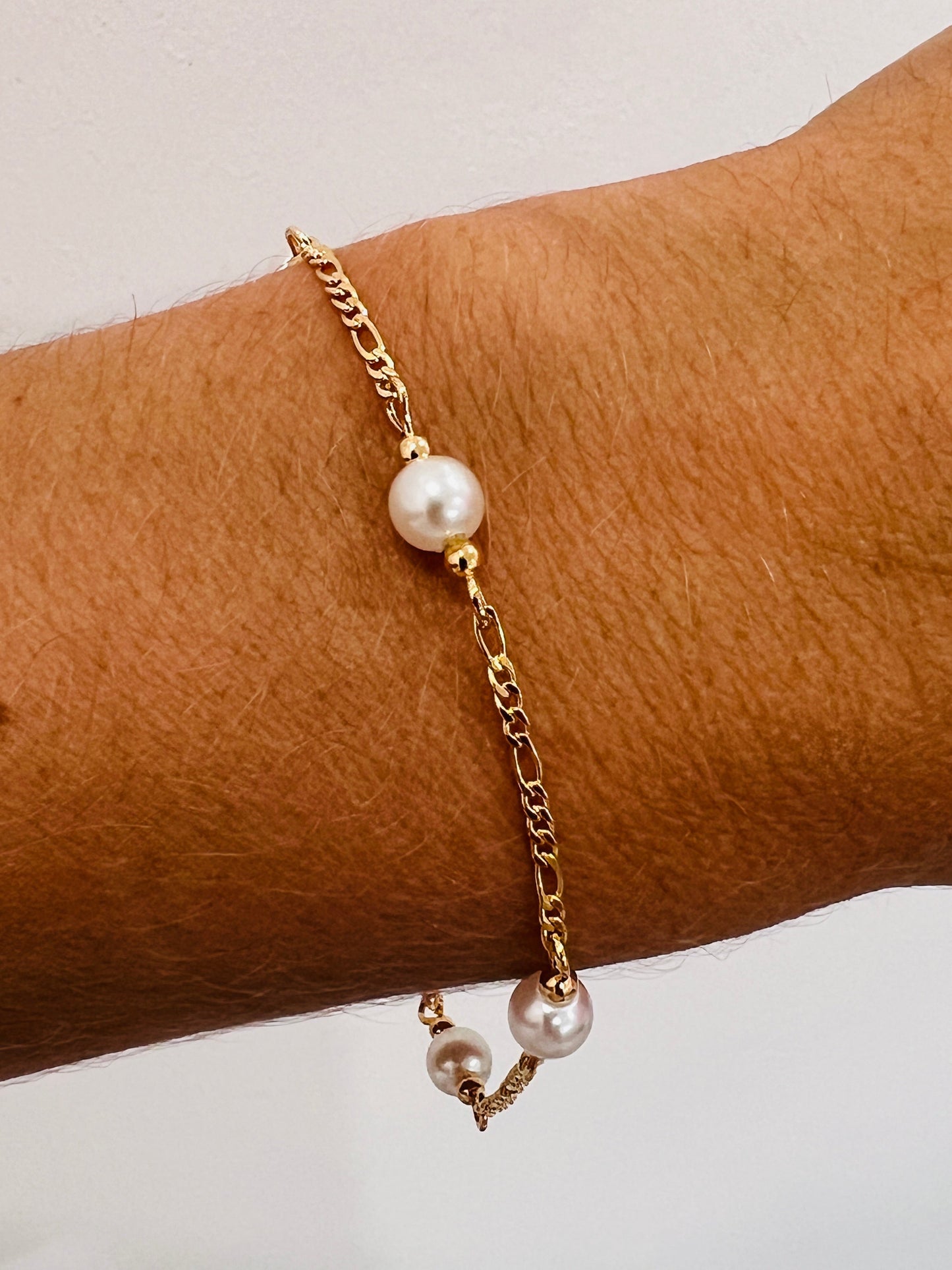 18KT Gold Filled Bracelets, Gold Filled Figaro Pearl Bracelet | Classic Elegance with a Modern Twist by HAUS OF MONOGRAM