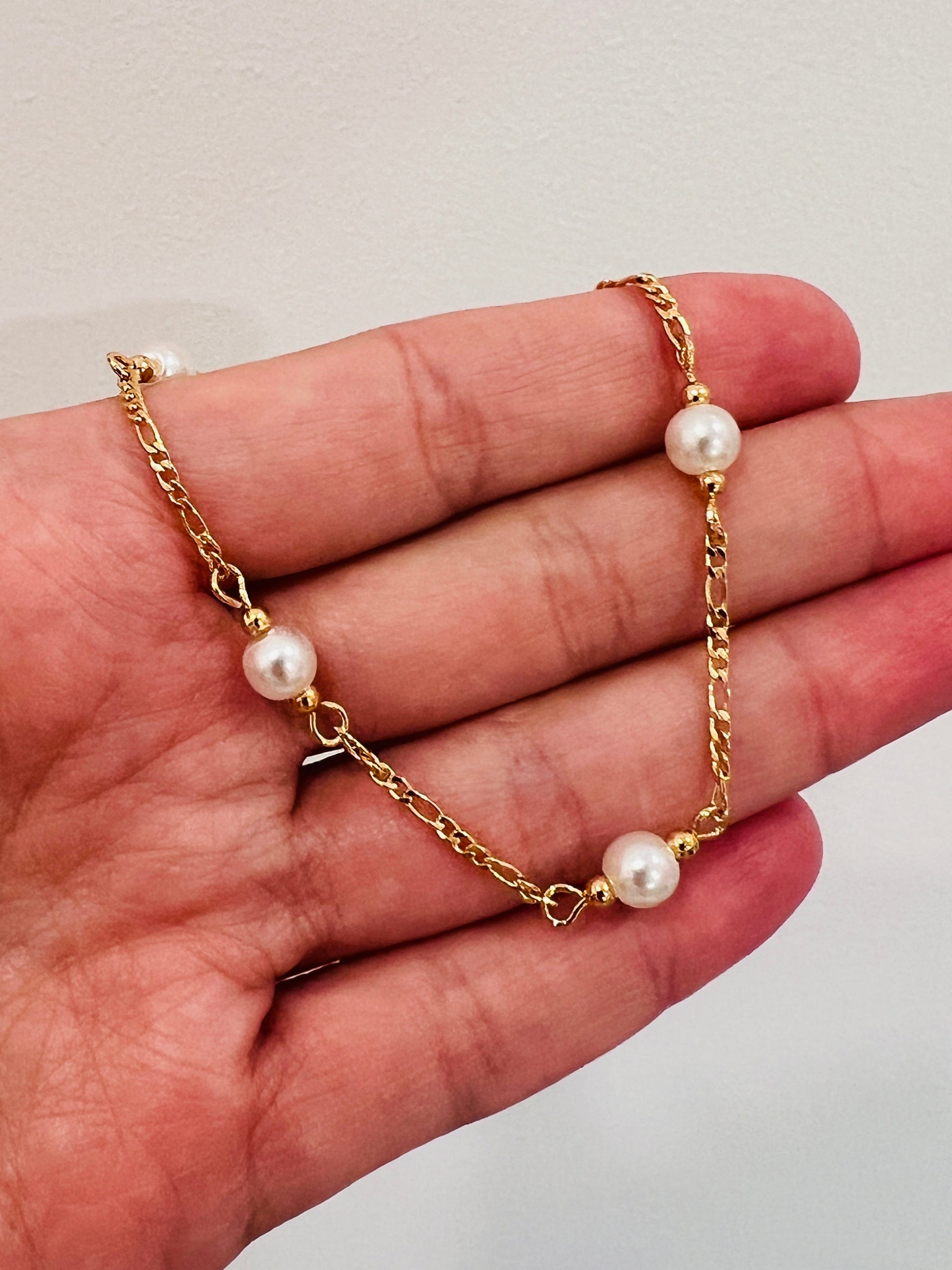 18KT Gold Filled Bracelets, Gold Filled Figaro Pearl Bracelet | Classic Elegance with a Modern Twist by HAUS OF MONOGRAM