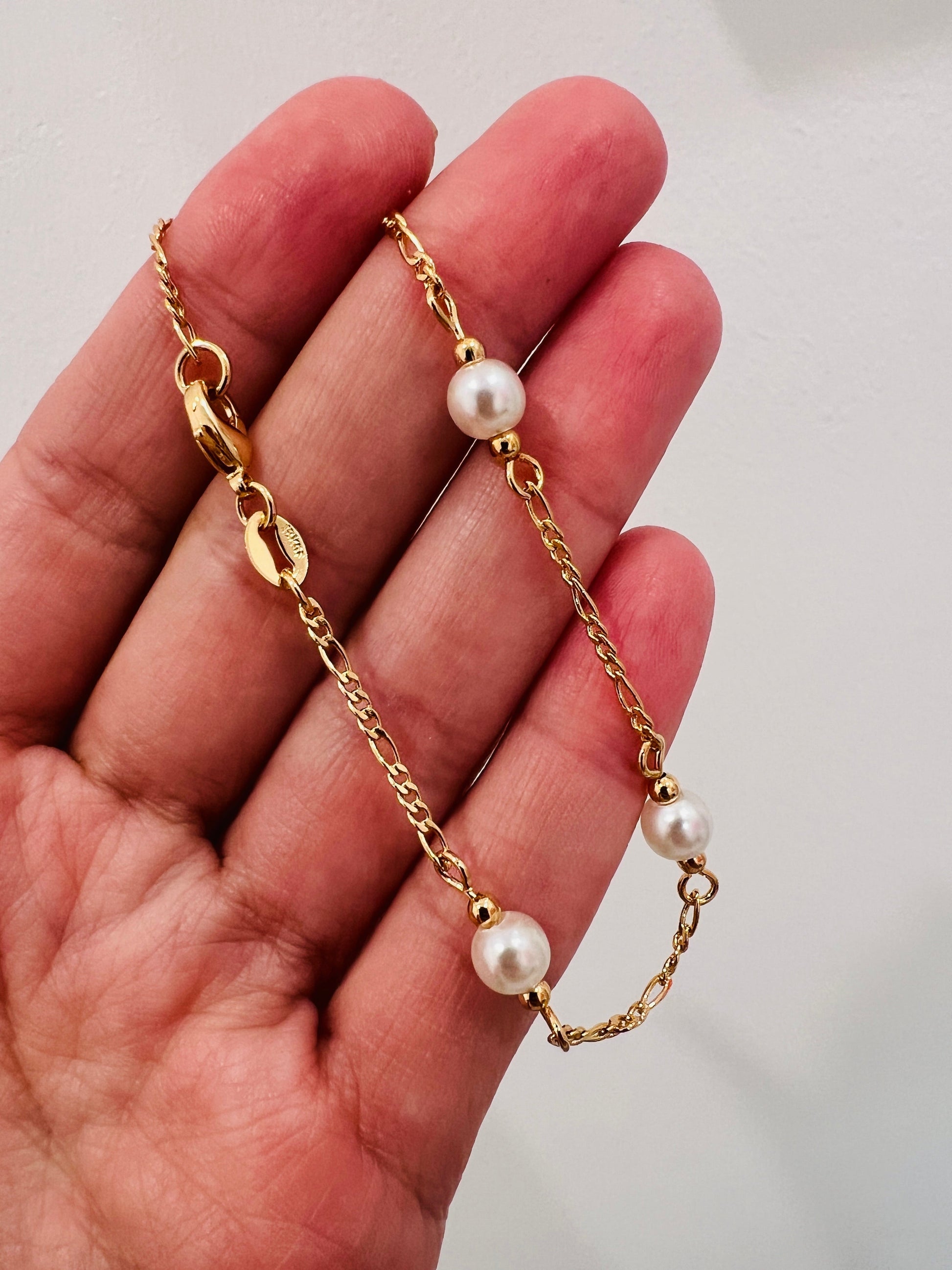 18KT Gold Filled Bracelets, Gold Filled Figaro Pearl Bracelet | Classic Elegance with a Modern Twist by HAUS OF MONOGRAM