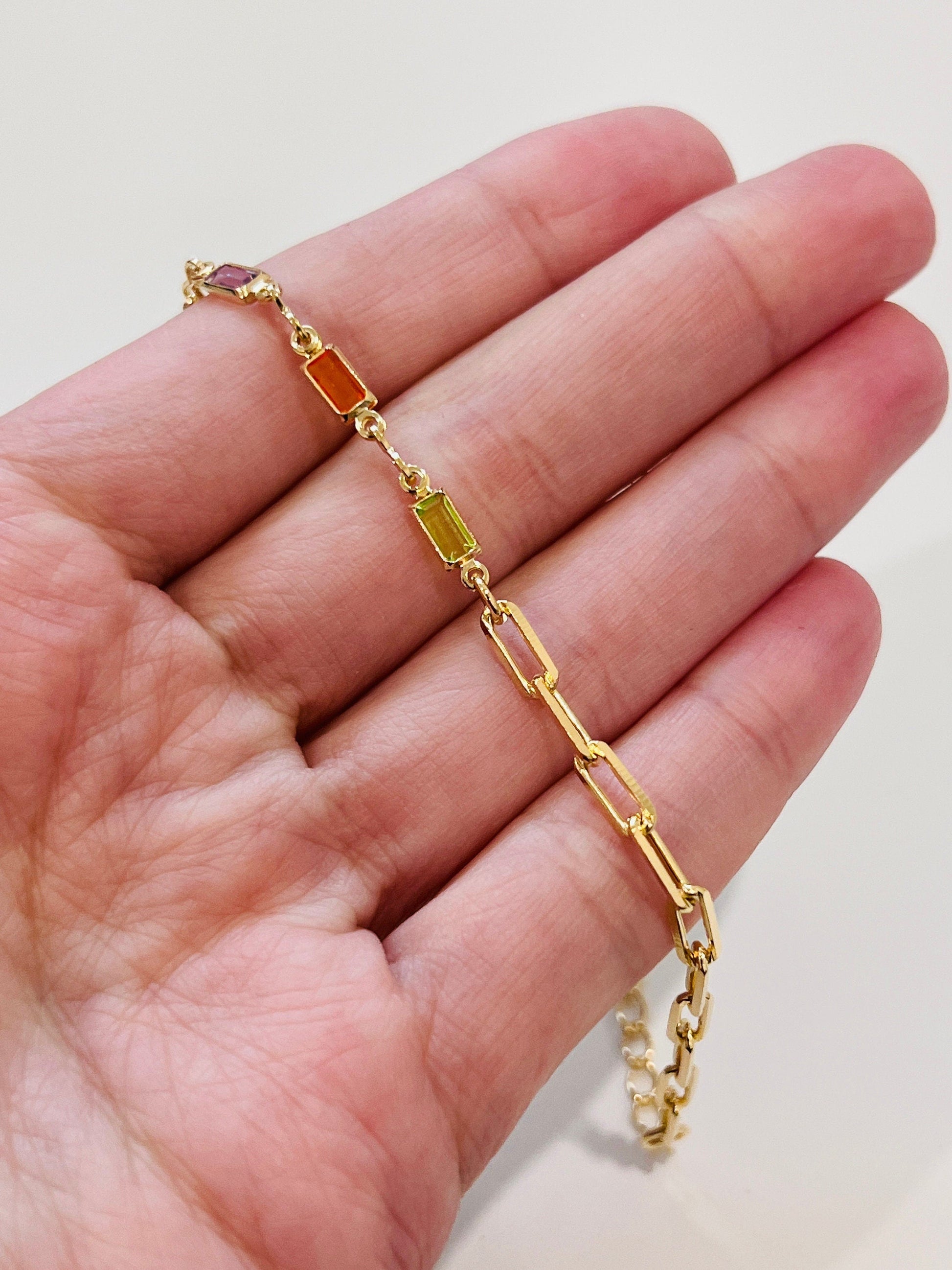 18KT Gold Filled Bracelets, Gold Filled Gemstone & Paperclip Bracelet | Dainty Layering Chain Bracelet by HAUS OF MONOGRAM