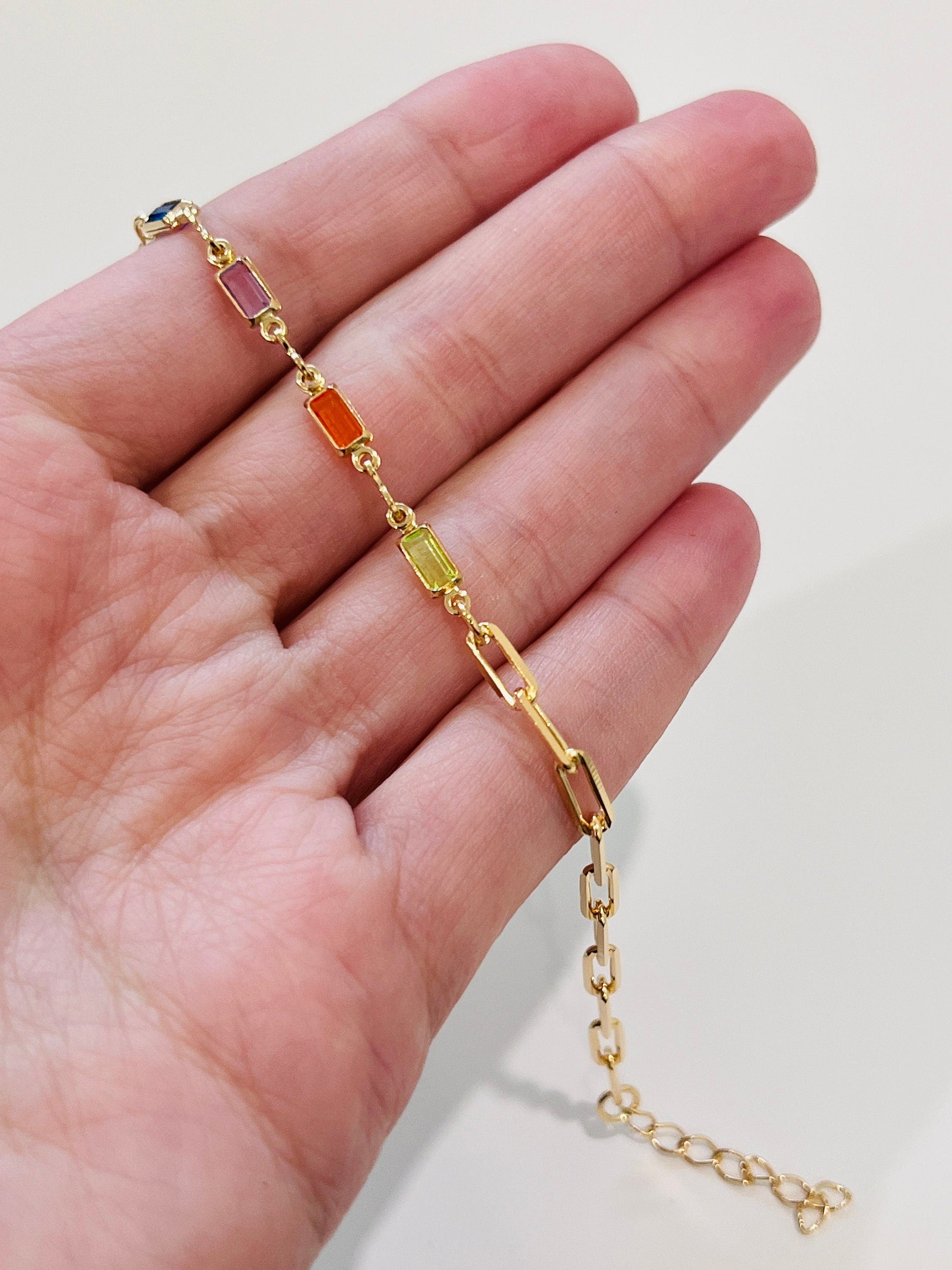 18KT Gold Filled Bracelets, Gold Filled Gemstone & Paperclip Bracelet | Dainty Layering Chain Bracelet by HAUS OF MONOGRAM