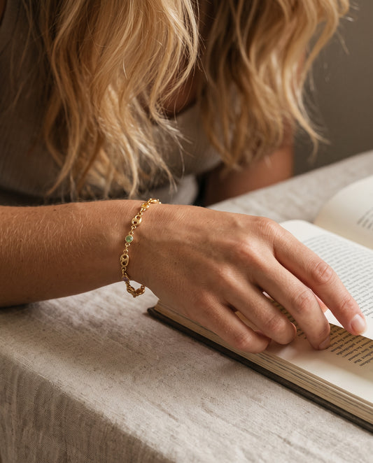 Gold Filled Gemstone Puff Bracelet worn by a model