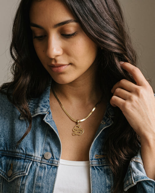 Gold Filled Gothic Initial Herringbone Necklace worn by a model