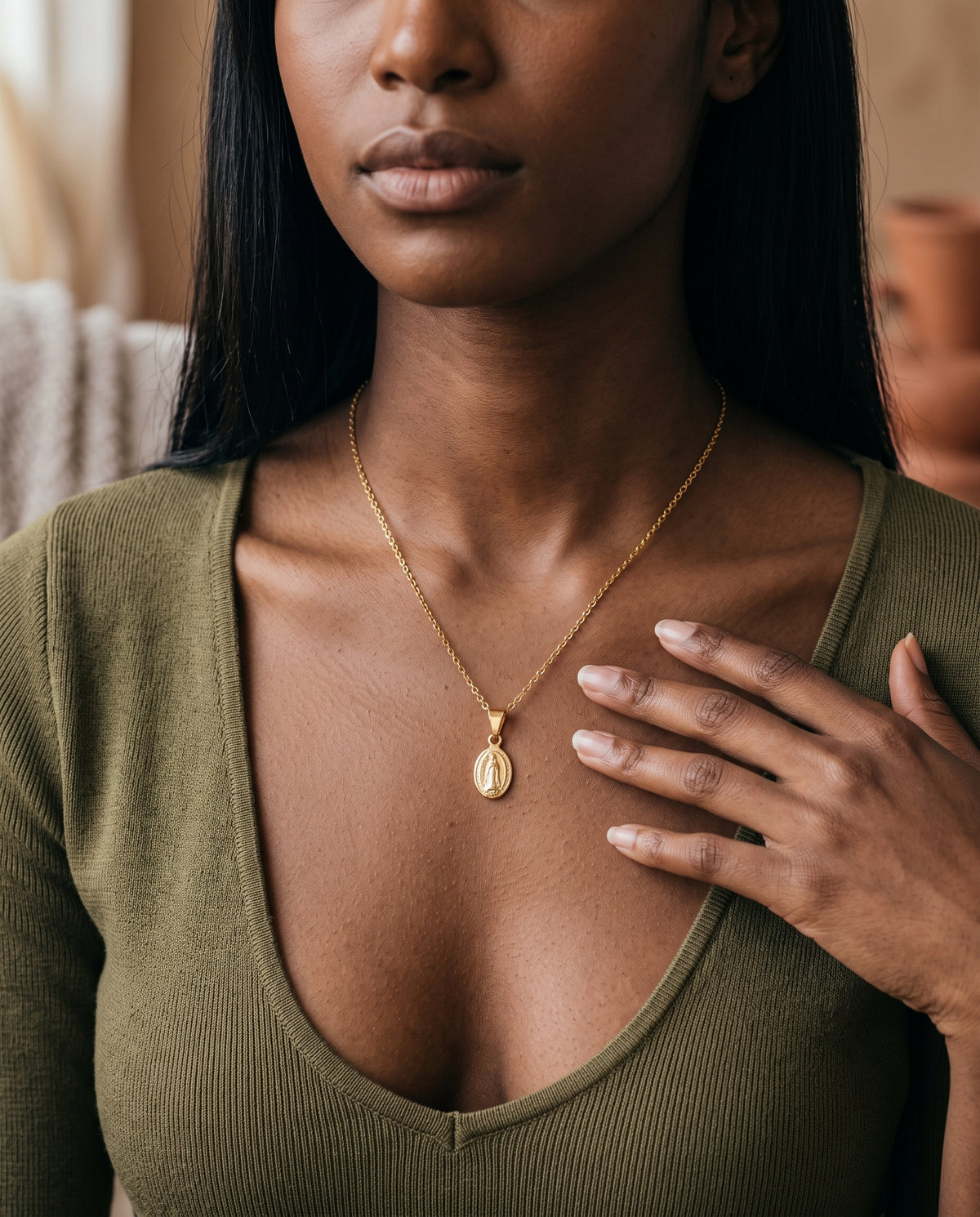 Gold Filled Guadalupe Necklace worn by a model