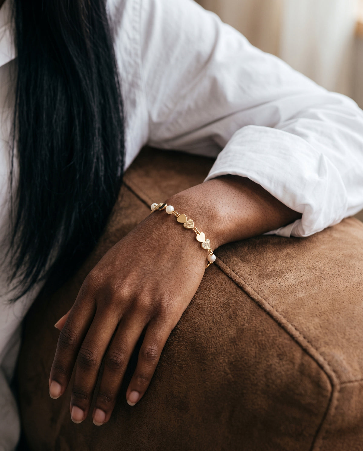 Gold Filled Heart Bracelet worn by a model