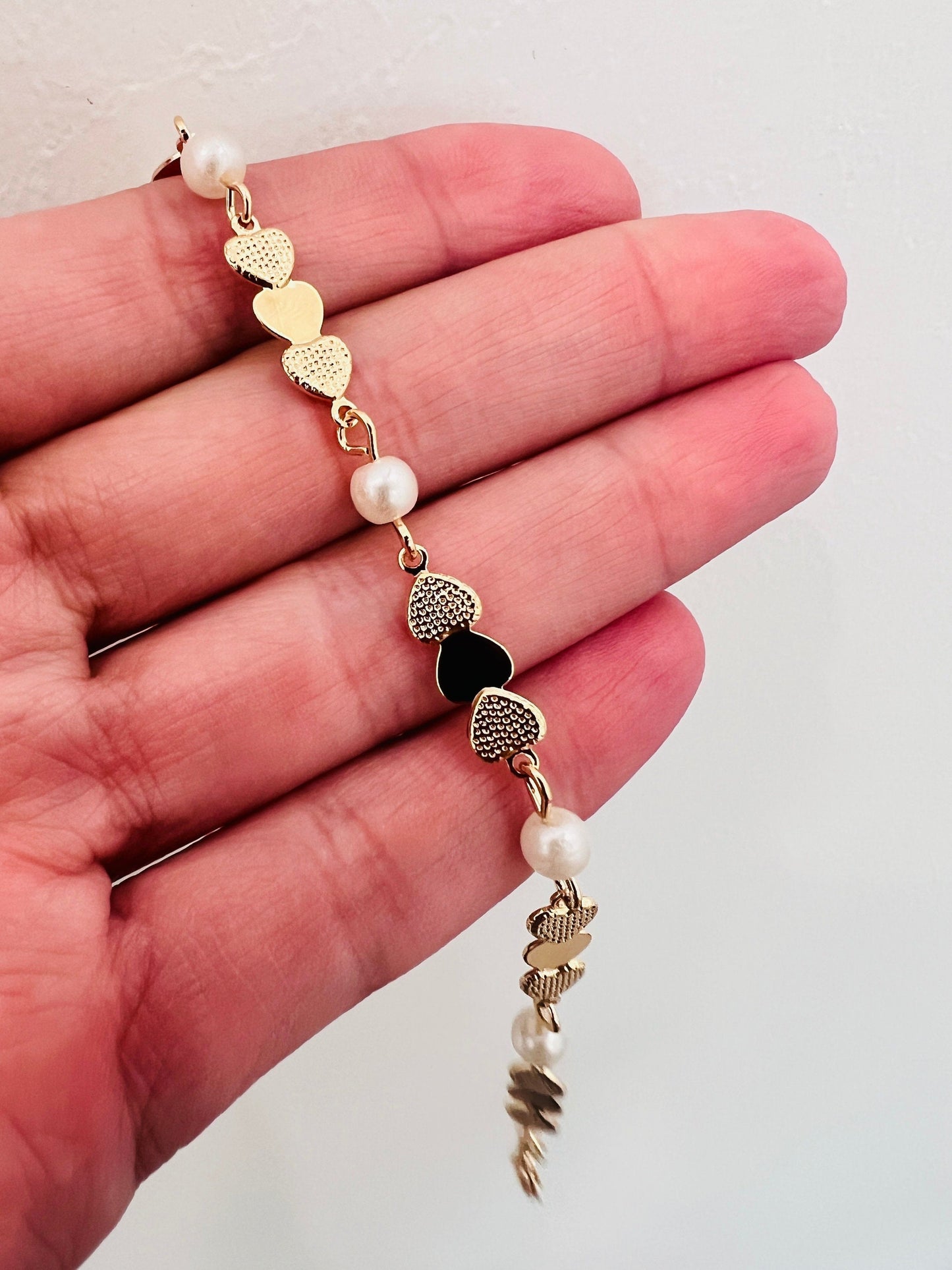 18KT Gold Filled Bracelets, Gold Filled Heart Bracelet | Pearl Accents | 6.75"+1" Ext by HAUS OF MONOGRAM