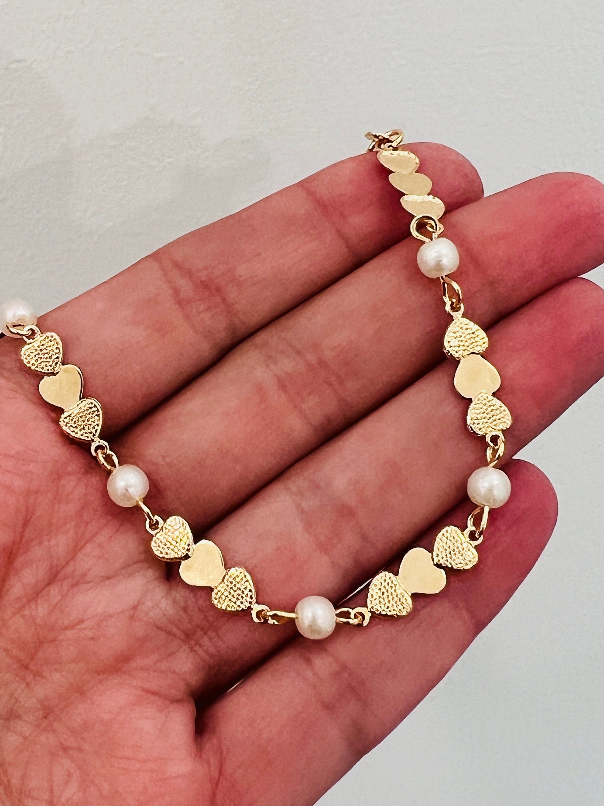 18KT Gold Filled Bracelets, Gold Filled Heart Bracelet | Pearl Accents | 6.75"+1" Ext by HAUS OF MONOGRAM
