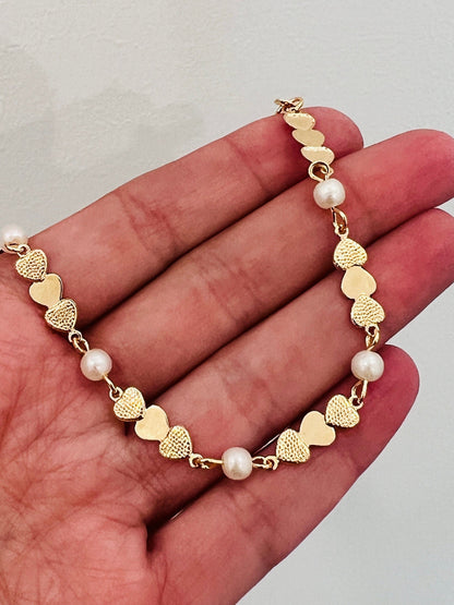 18KT Gold Filled Bracelets, Gold Filled Heart Bracelet | Pearl Accents | 6.75"+1" Ext by HAUS OF MONOGRAM