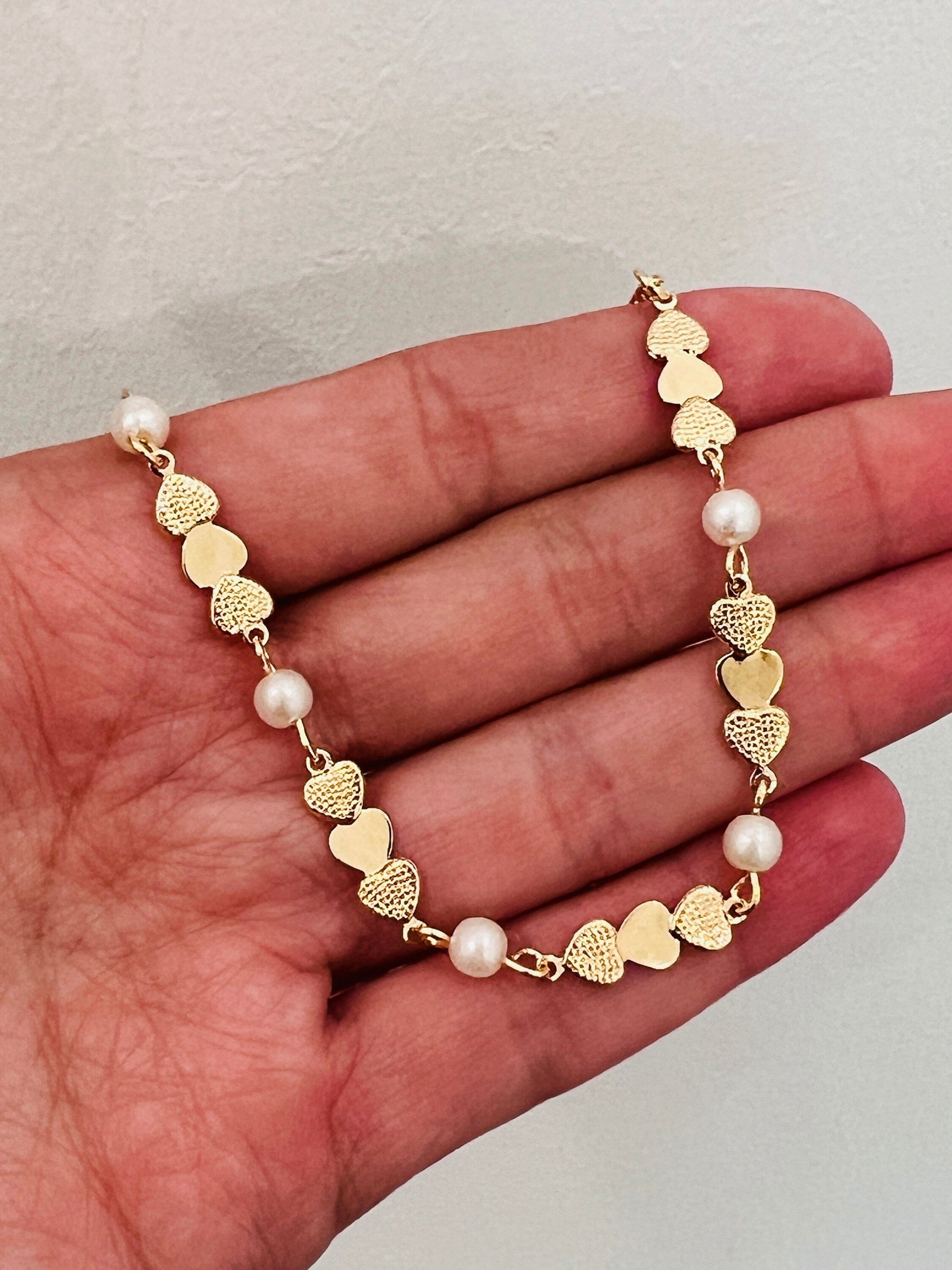 18KT Gold Filled Bracelets, Gold Filled Heart Bracelet | Pearl Accents | 6.75"+1" Ext by HAUS OF MONOGRAM