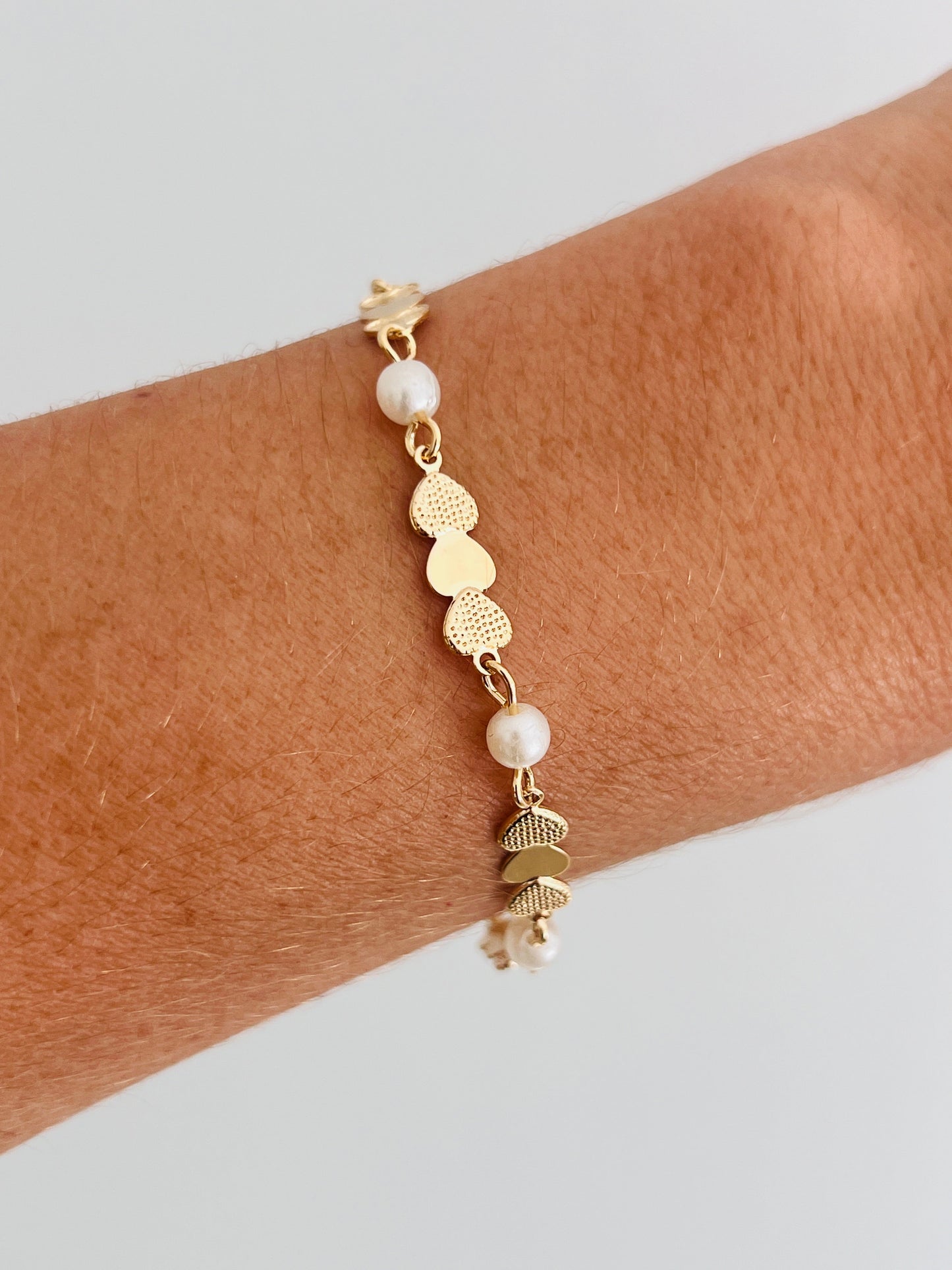 18KT Gold Filled Bracelets, Gold Filled Heart Bracelet | Pearl Accents | 6.75"+1" Ext by HAUS OF MONOGRAM