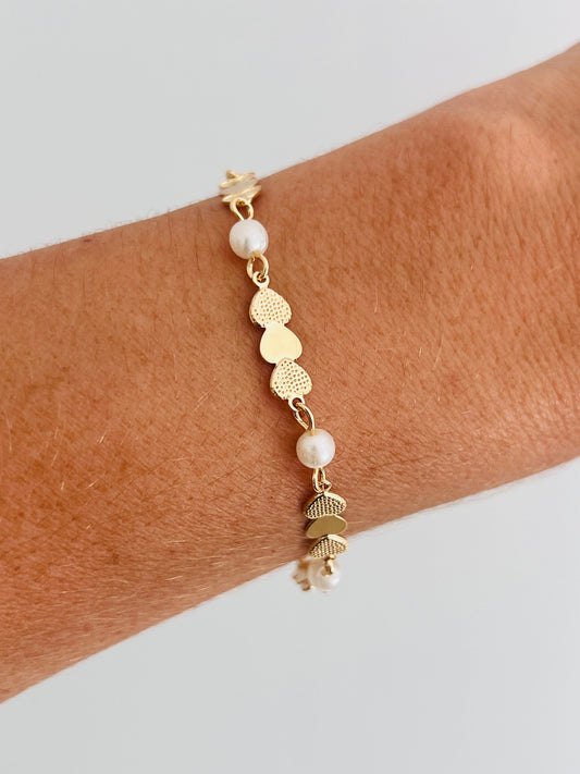 18KT Gold Filled Bracelets, Gold Filled Heart Bracelet | Pearl Accents | 6.75"+1" Ext by HAUS OF MONOGRAM
