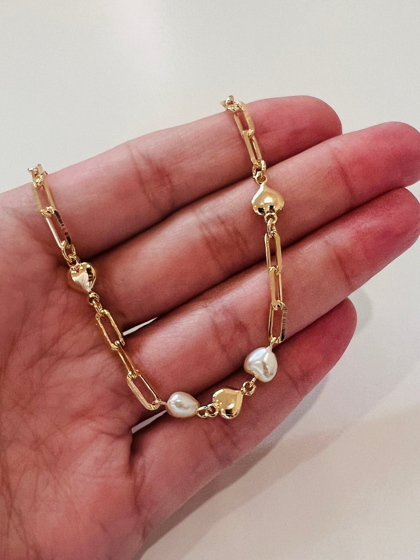 18KT Gold Filled Bracelets, Gold Filled Heart & Pearl Paperclip Bracelet | 7" Elegant Layering Jewelry by HAUS OF MONOGRAM