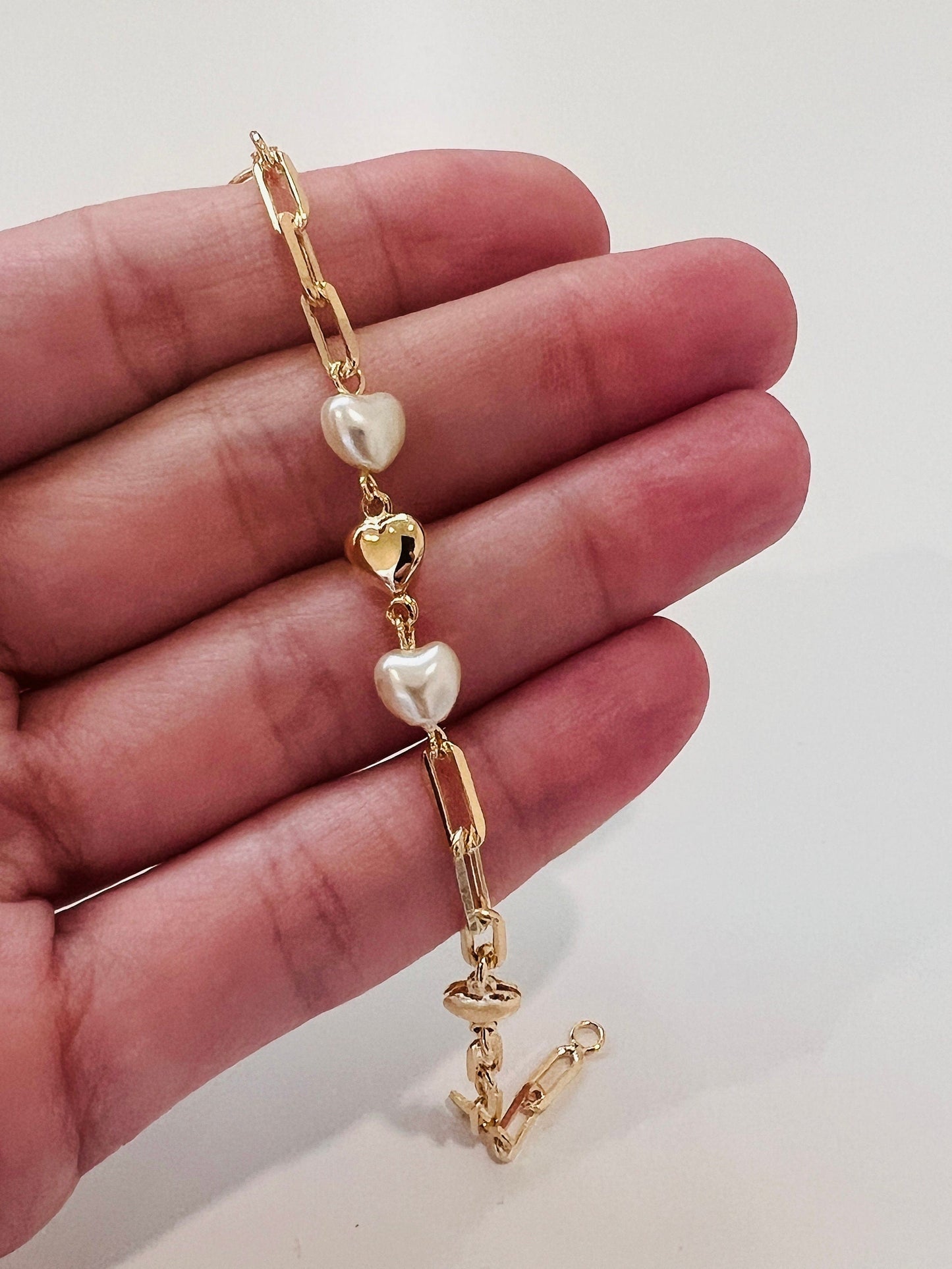 18KT Gold Filled Bracelets, Gold Filled Heart & Pearl Paperclip Bracelet | 7" Elegant Layering Jewelry by HAUS OF MONOGRAM