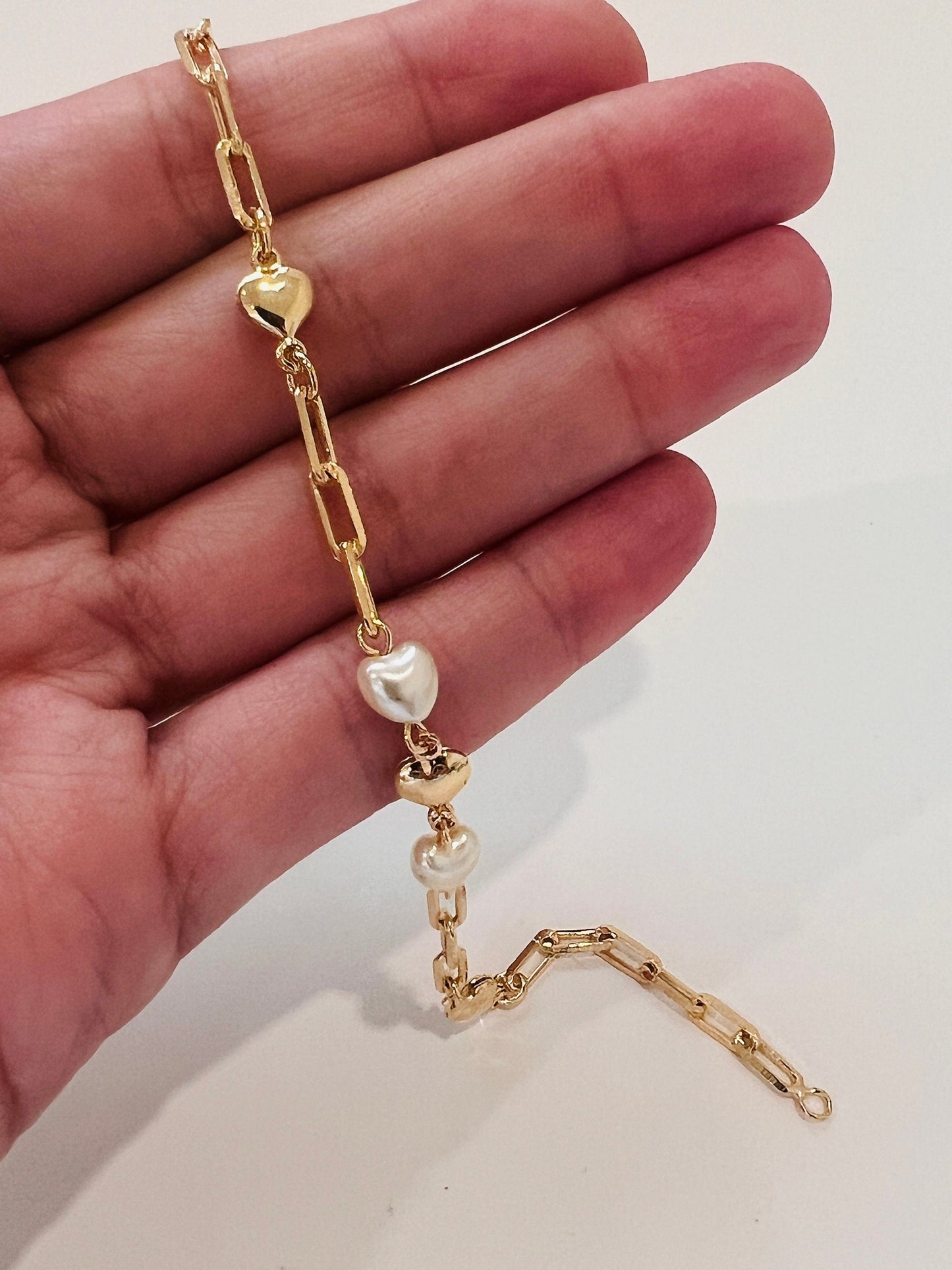 18KT Gold Filled Bracelets, Gold Filled Heart & Pearl Paperclip Bracelet | 7" Elegant Layering Jewelry by HAUS OF MONOGRAM